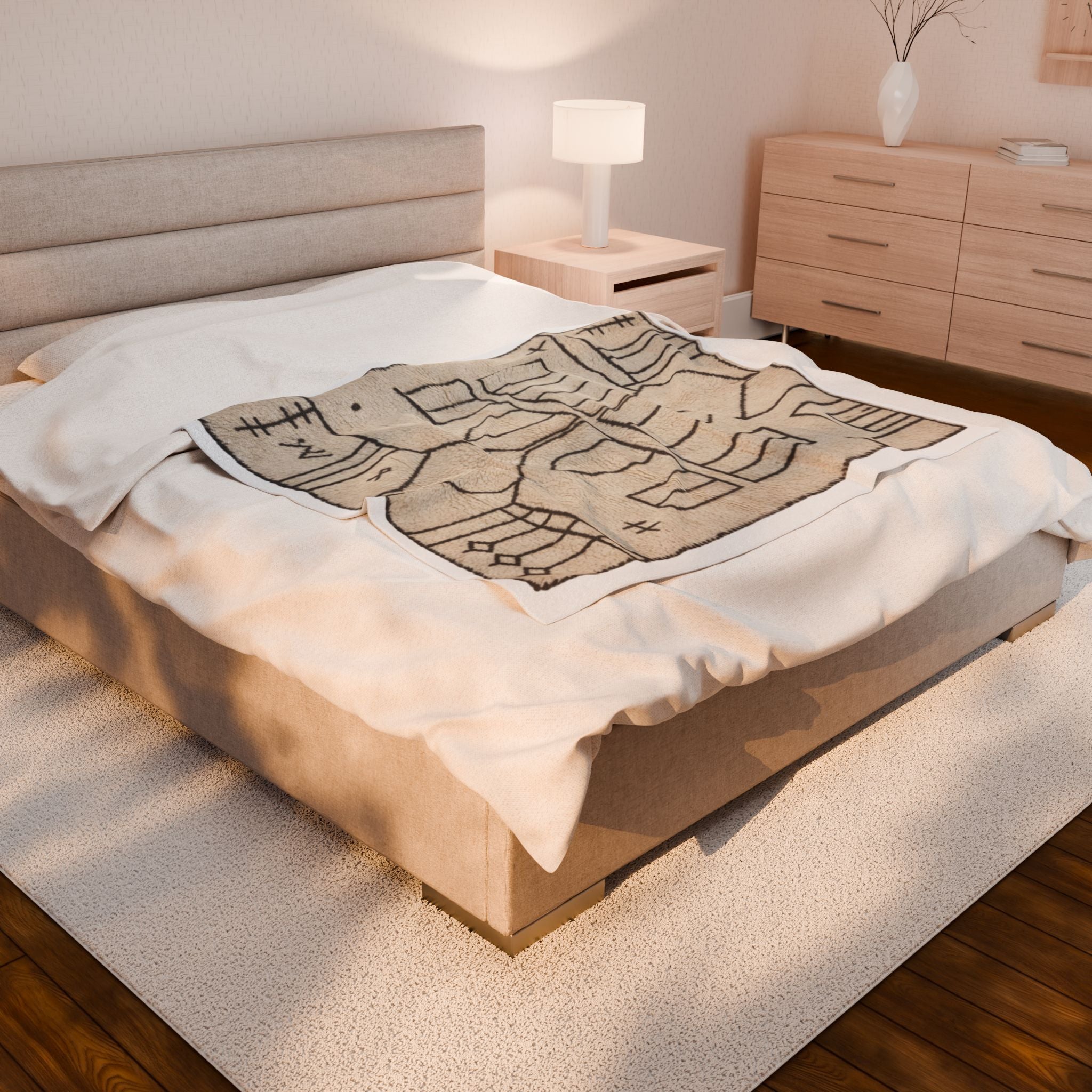 Neutral Geometric Tribal Pattern Velveteen Plush Blanket | Boho Minimalist Throw
