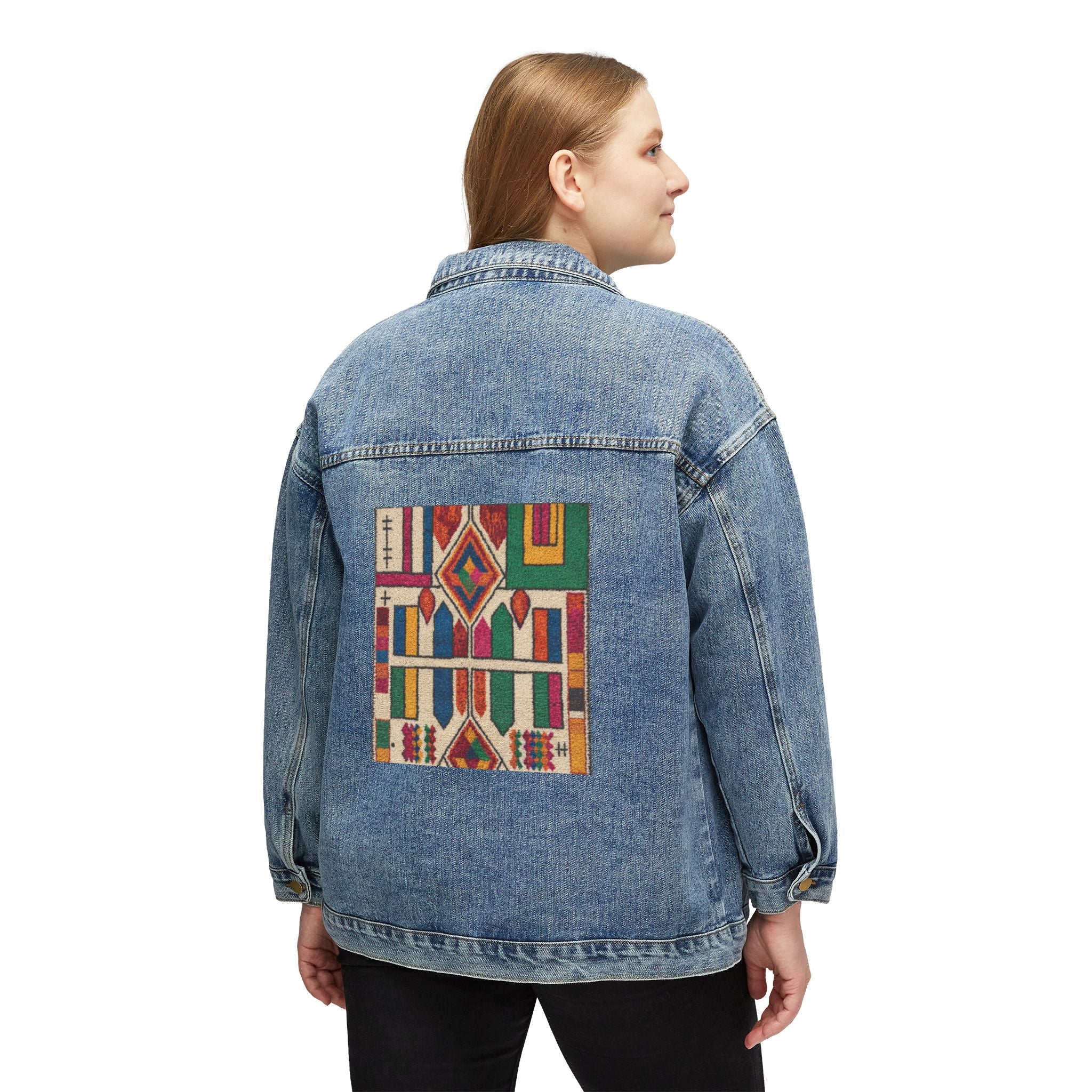 Geometric Kilim Tile Denim Jacket | Back Patch Boho Aztec Pattern