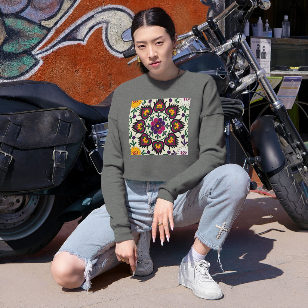 Floral Mandala Tile Cropped Sweatshirt | Boho Flower Pattern