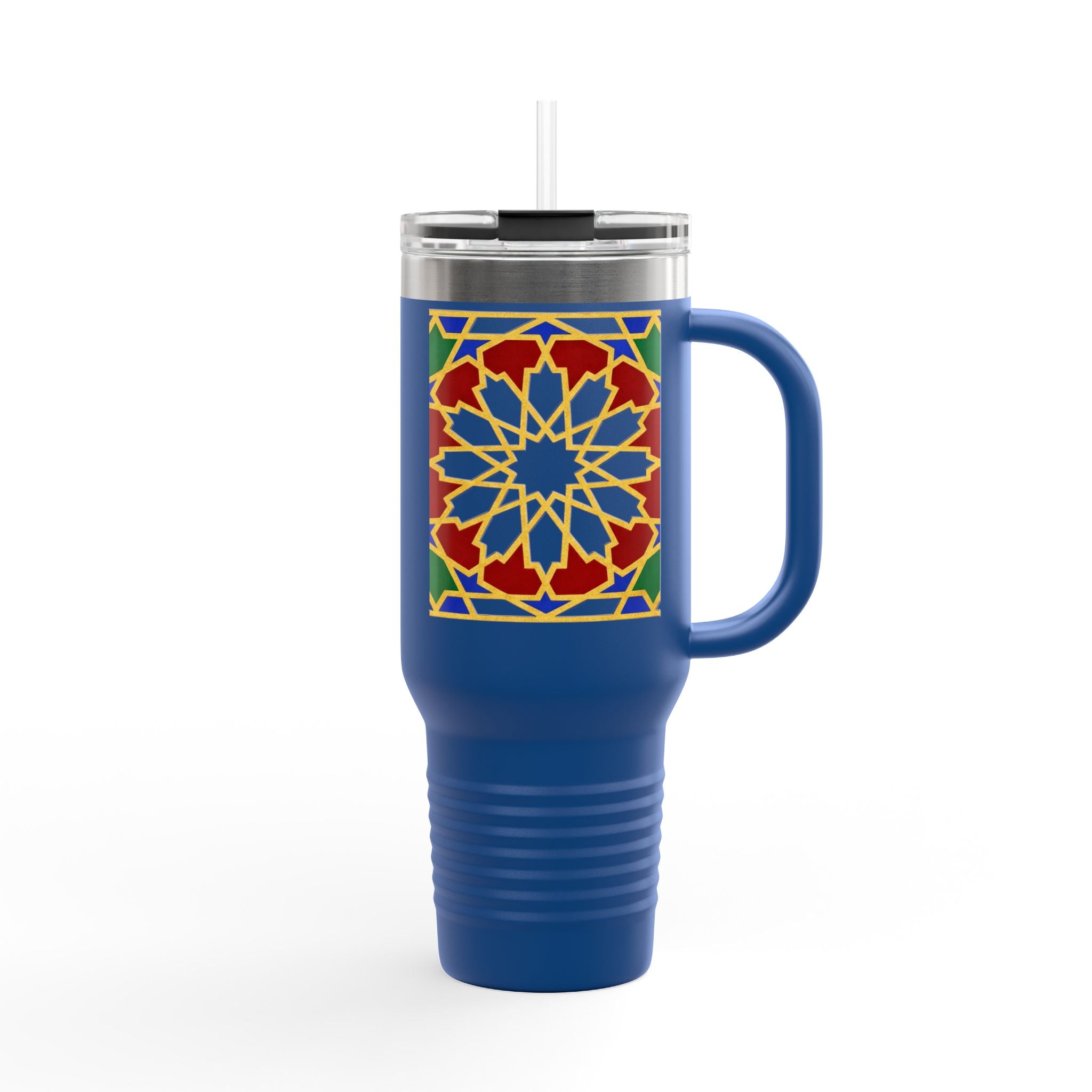 Moroccan Tile Floral Pattern Insulated Travel Mug 40oz | Boho Geometric Drink Tumbler