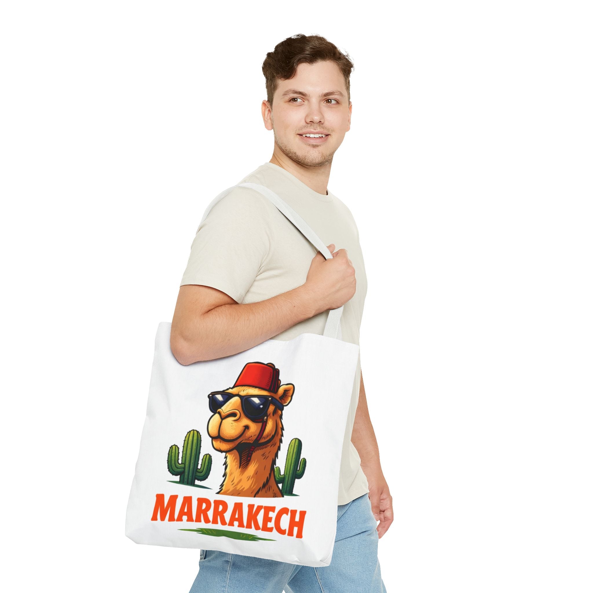 Marrakech Coco Chamelle Tote Bag — Cool Camel with Sunglasses Travel Tote
