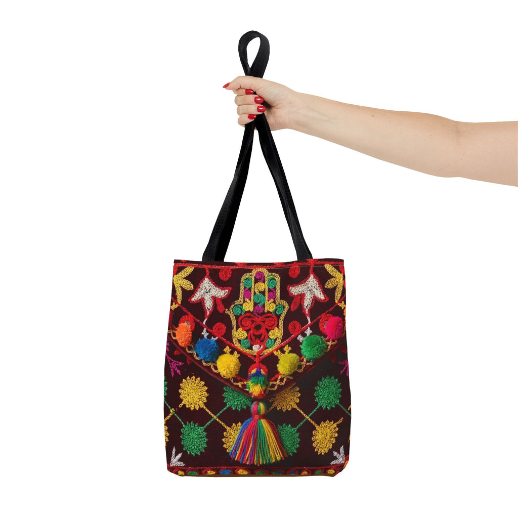 Colorful Hamsa Hand Pom Pom Pattern Tote Bag | Boho Embroidered Style