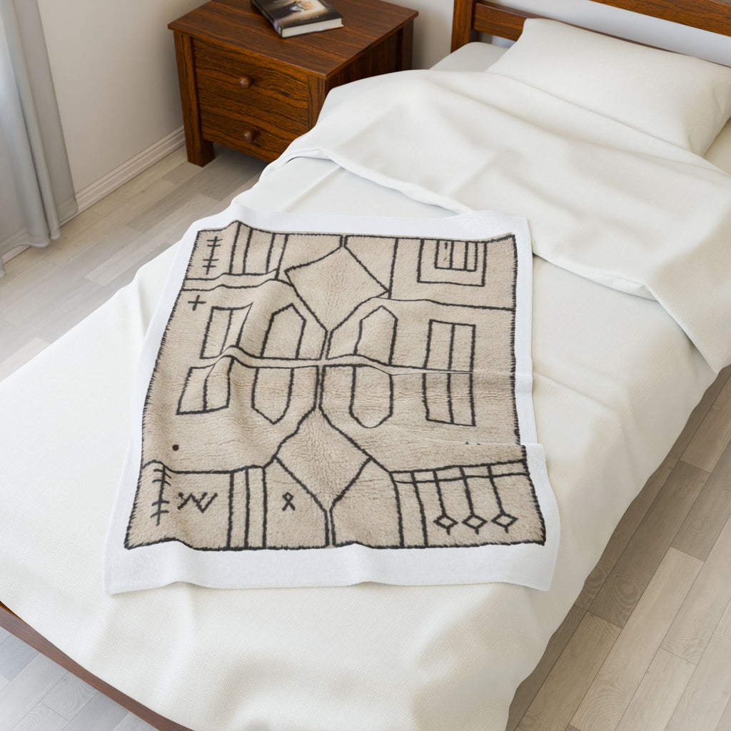Neutral Geometric Tribal Pattern Velveteen Plush Blanket | Boho Minimalist Throw