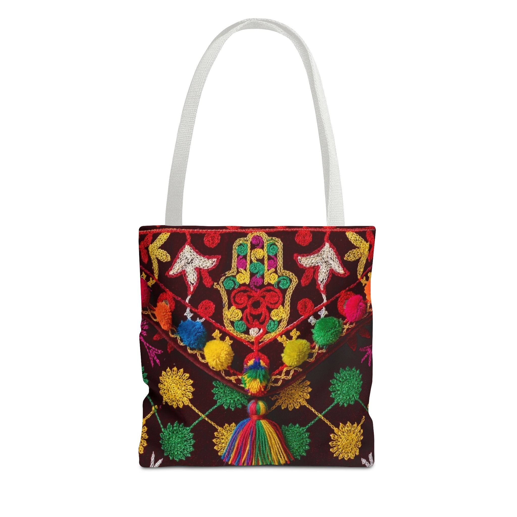 Colorful Hamsa Hand Pom Pom Pattern Tote Bag | Boho Embroidered Style