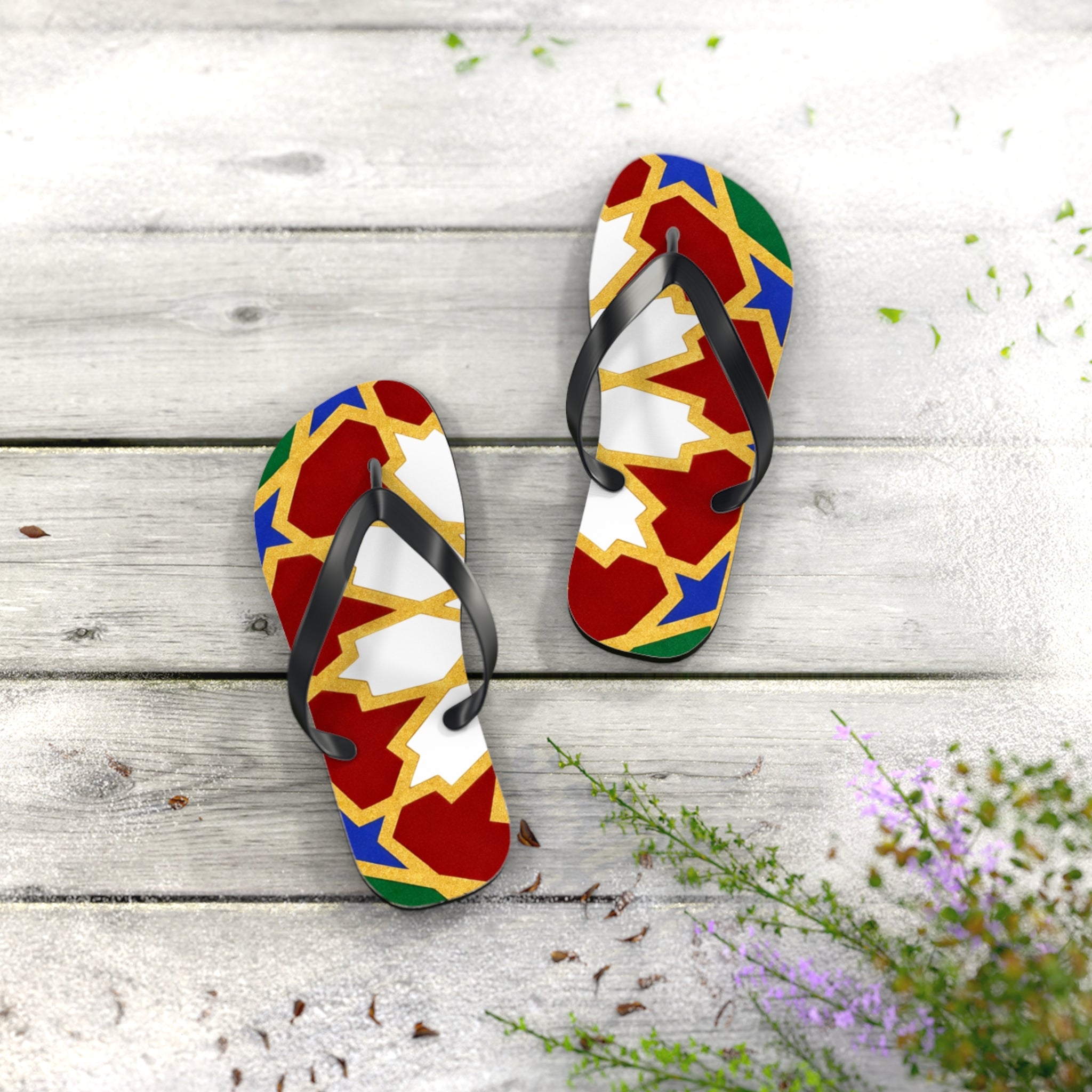 Moroccan Tile Pattern Flip Flops | Colorful Geometric Sandals