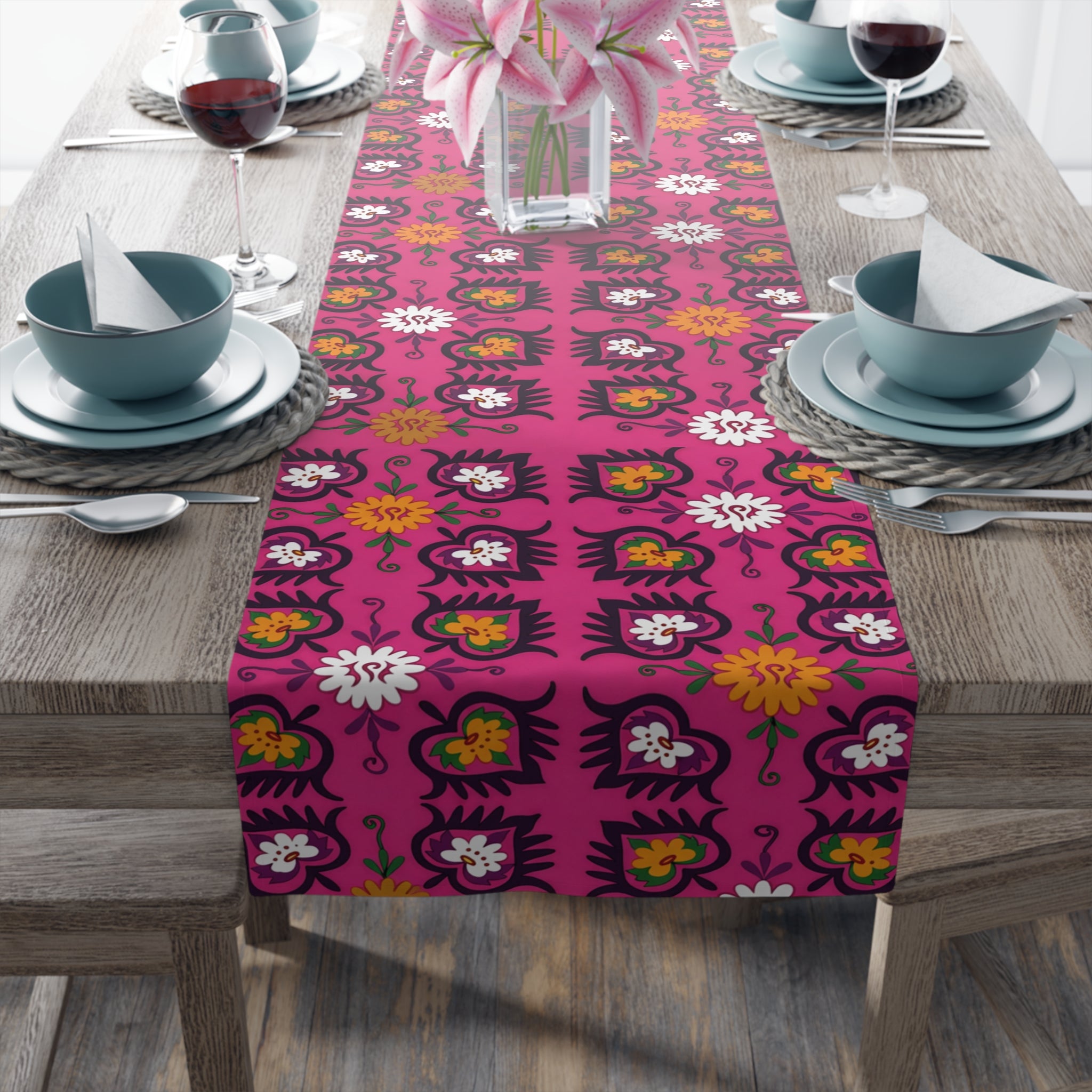 Pink Floral Pattern Table Runner | Boho Hearts Motif