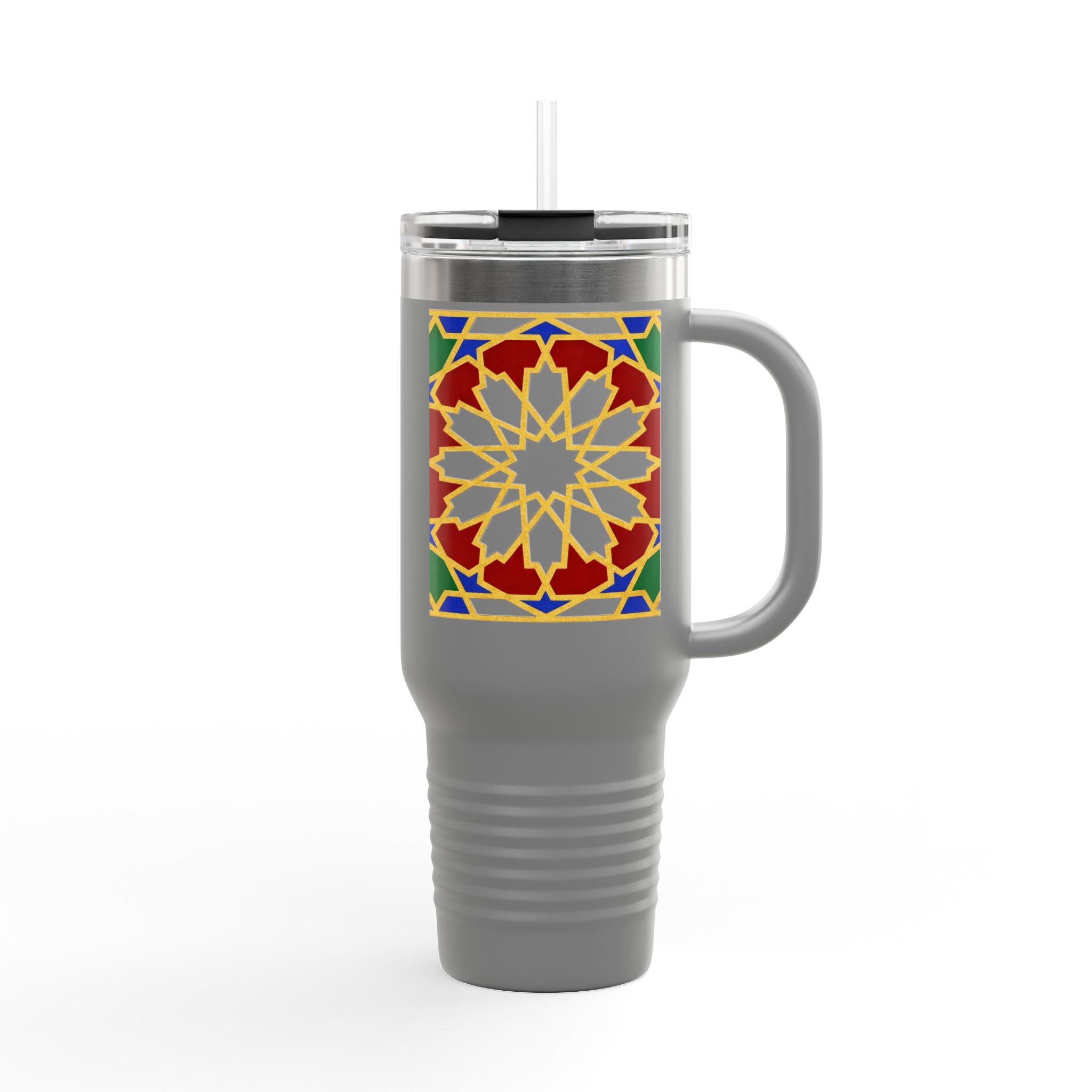 Moroccan Tile Floral Pattern Insulated Travel Mug 40oz | Boho Geometric Drink Tumbler