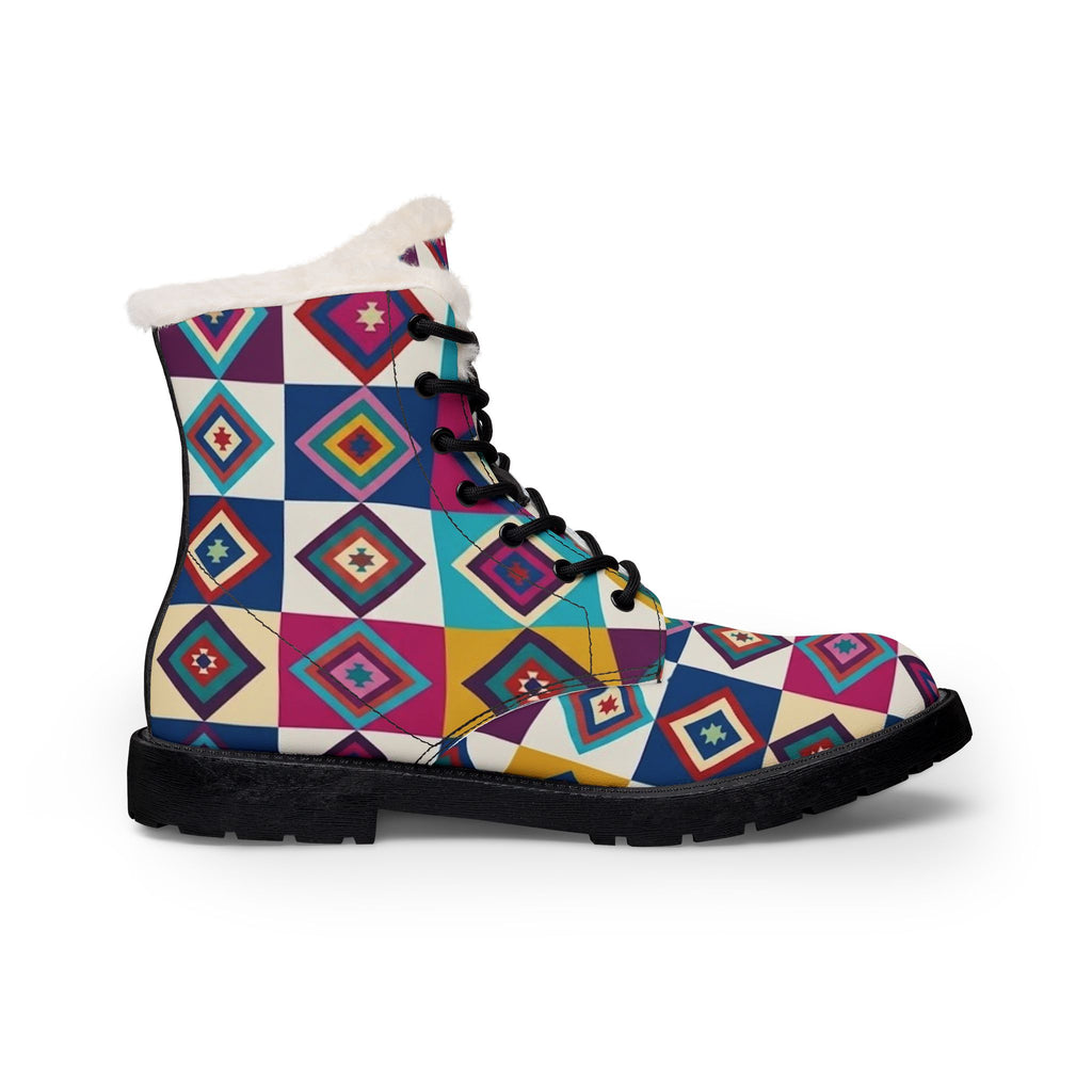 Colorful Geometric Diamond Pattern Boots | Women's Fur Lined Leather Boots