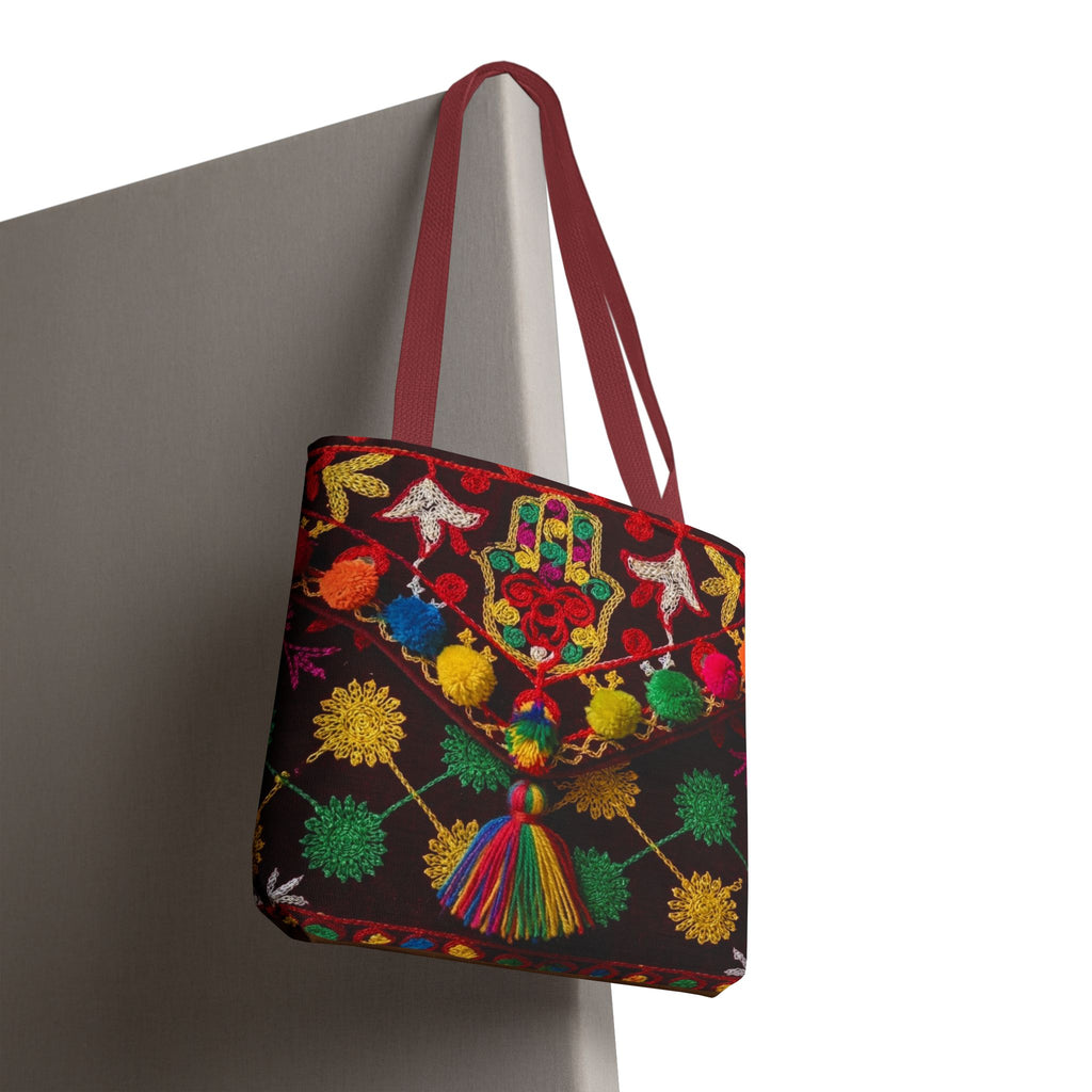 Colorful Hamsa Hand Pom Pom Pattern Tote Bag | Boho Embroidered Style