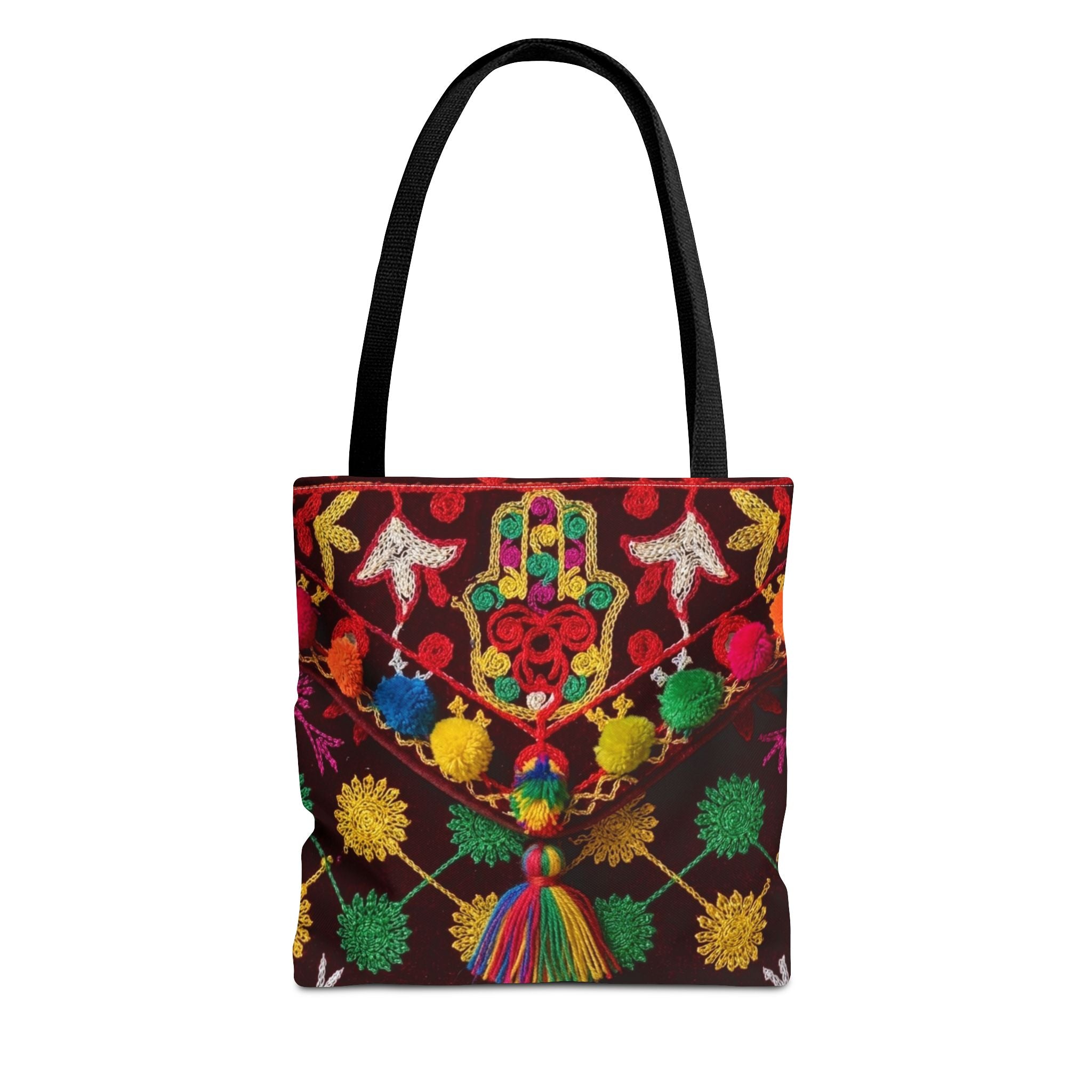 Colorful Hamsa Hand Pom Pom Pattern Tote Bag | Boho Embroidered Style