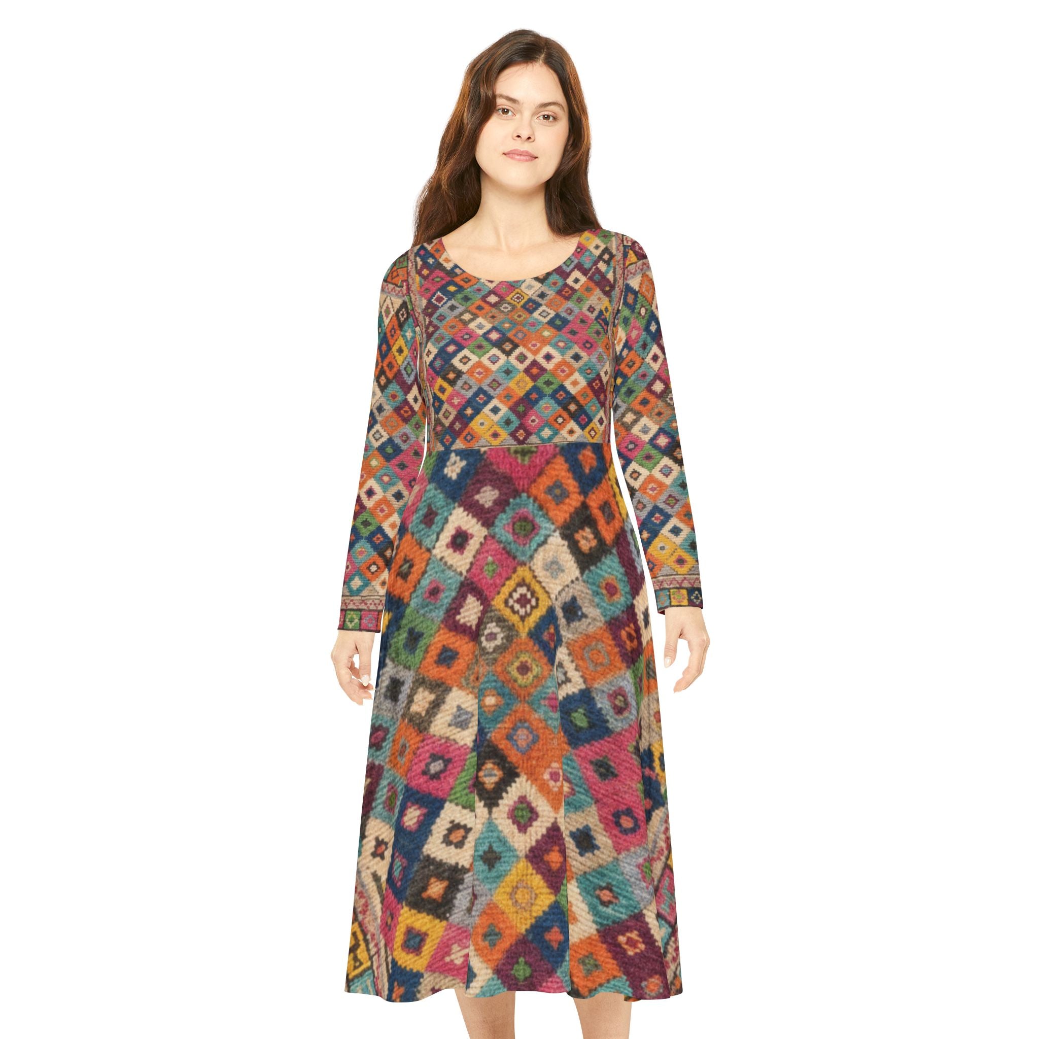 Colorful Kilim Diamond Pattern Dress | Long Sleeve Dress