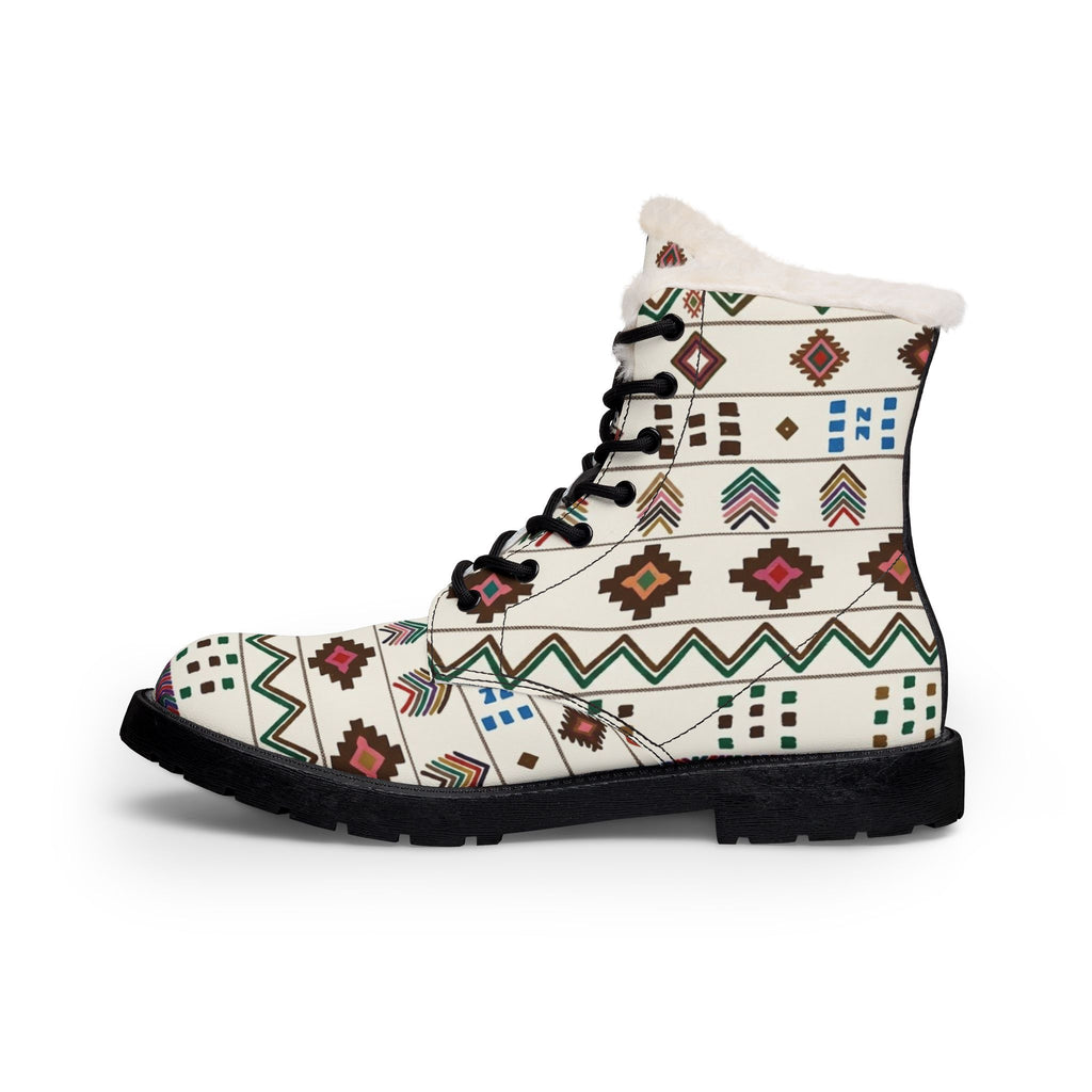 Boho Aztec Pattern Boots | Fur Lined Leather Ankle Boots