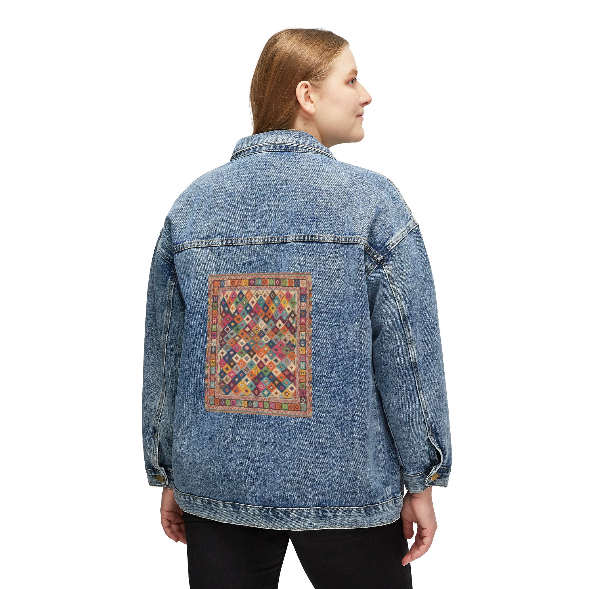 Colorful Quilted Patchwork back print Denim Jacket | Boho Vintage Pattern