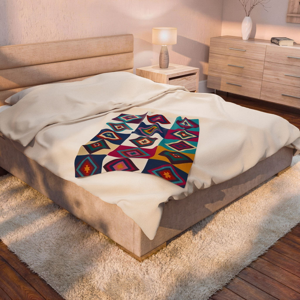 Southwestern Diamond Pattern Velveteen Plush Blanket | Colorful Geometric Throw