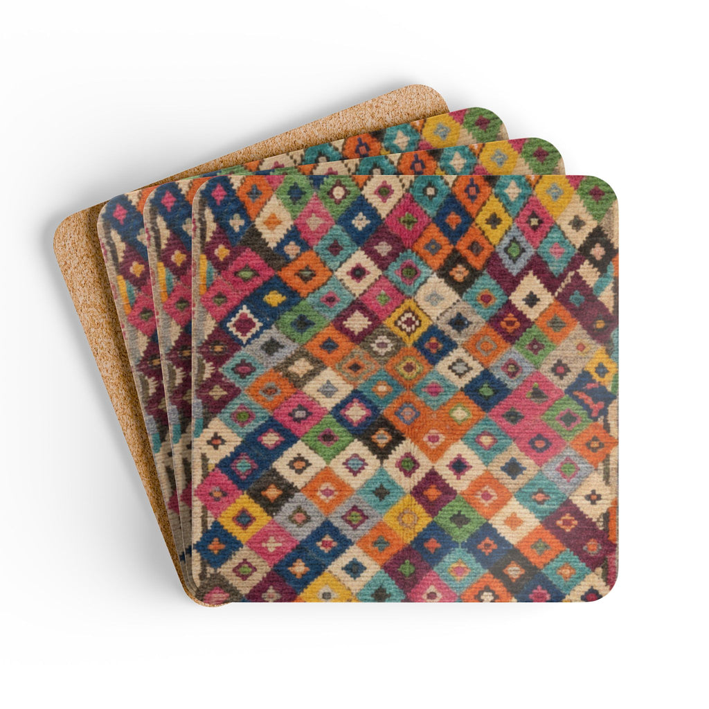 Boho Diamond Pattern Corkwood Coaster Set | Colorful Kilim Tile Coasters