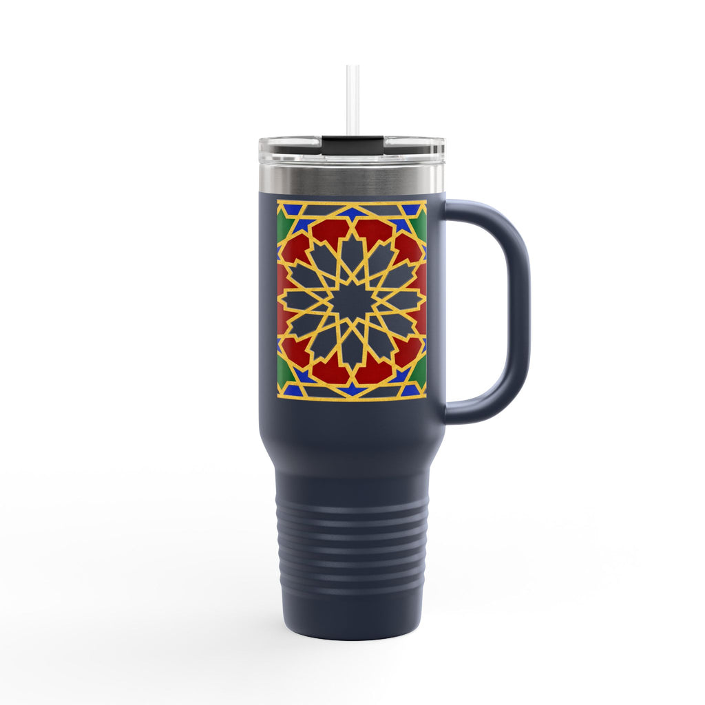 Moroccan Tile Floral Pattern Insulated Travel Mug 40oz | Boho Geometric Drink Tumbler