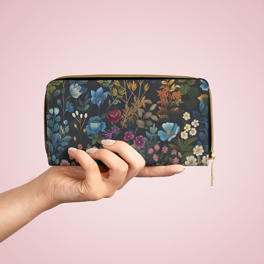 Floral Night Garden Zipper Wallet — Dark Botanical Zip Wallet