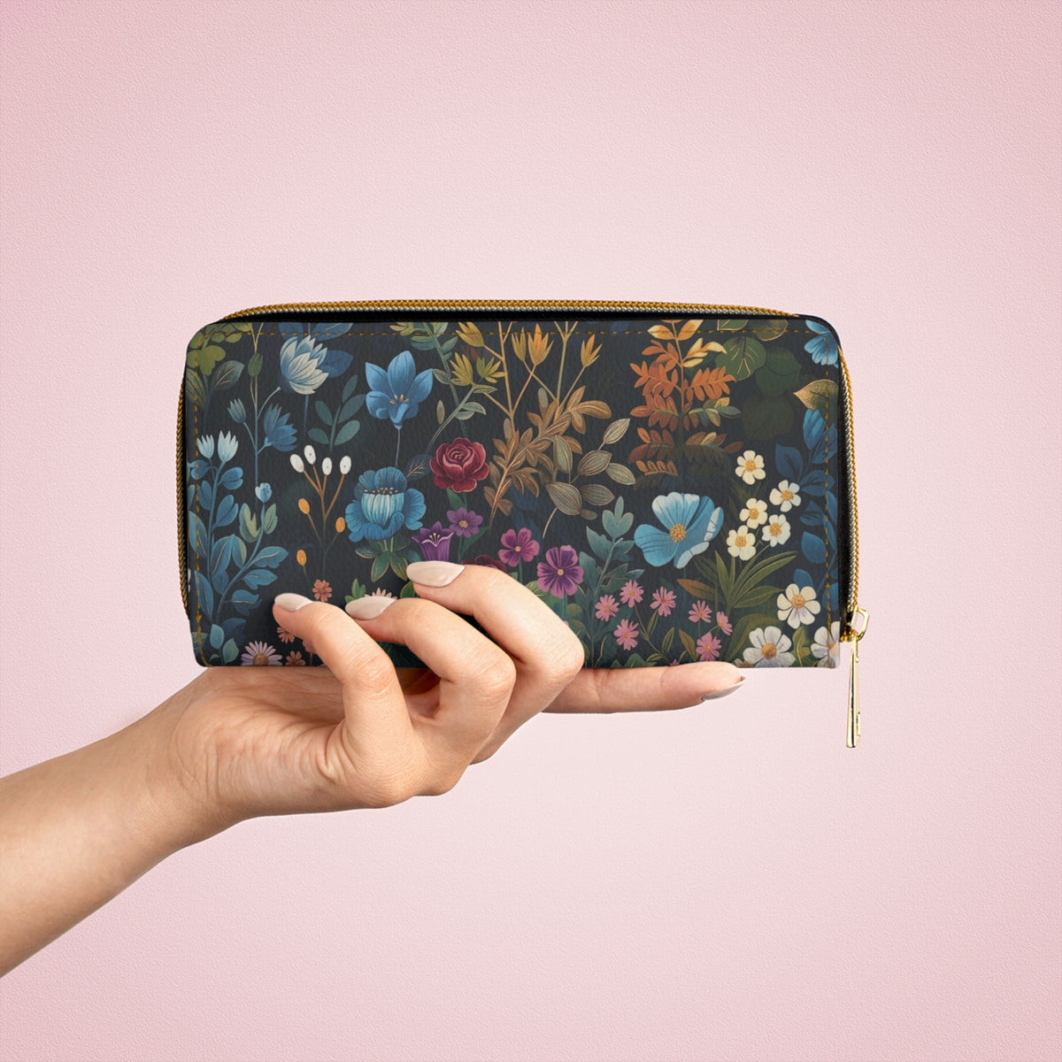 Floral Night Garden Zipper Wallet — Dark Botanical Zip Wallet
