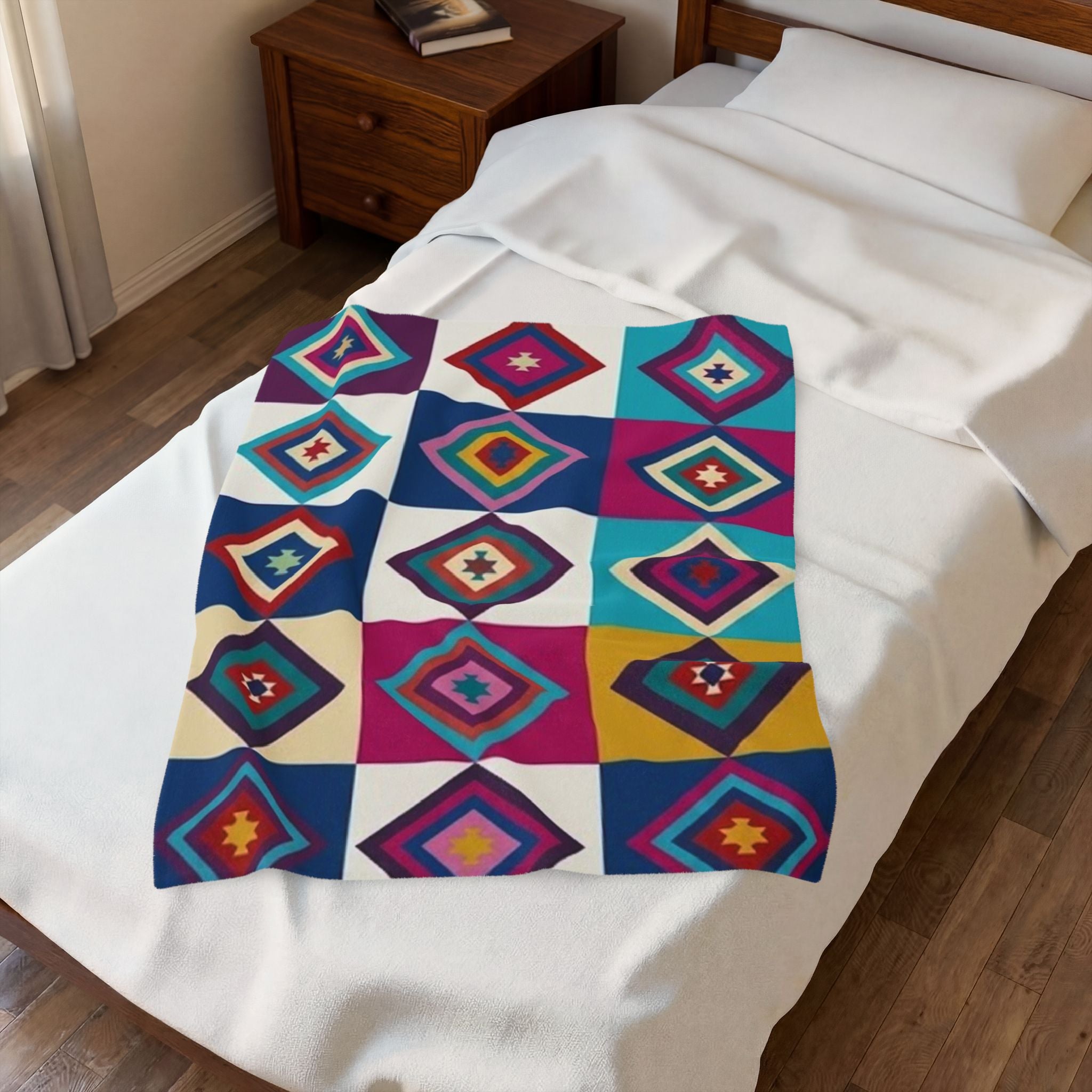 Southwestern Diamond Pattern Velveteen Plush Blanket | Colorful Geometric Throw