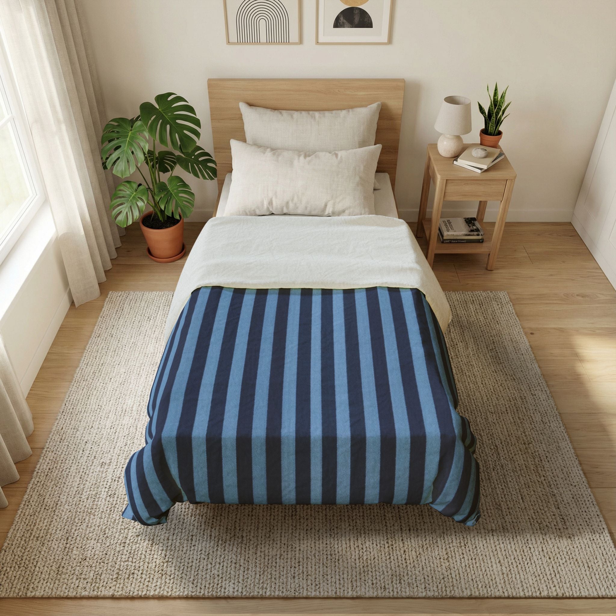 Navy Blue and Sky Stripe Cotton Duvet Cover