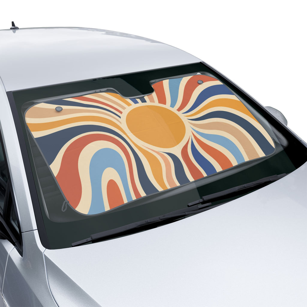 Retro Sunburst Car Sun Shade | Boho Waves Windshield Cover