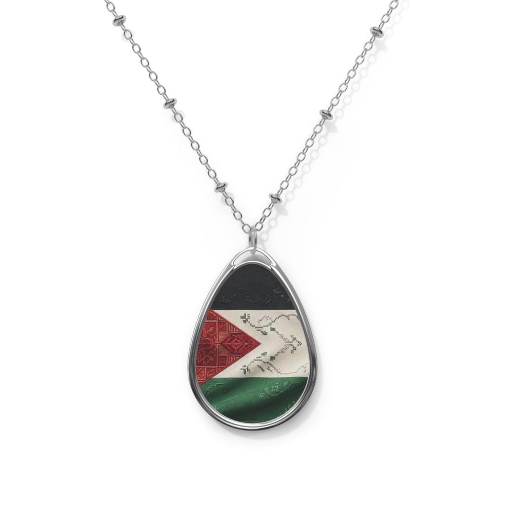 Palestinian Flag Oval Necklace | Teardrop Pendant, Silver Tone