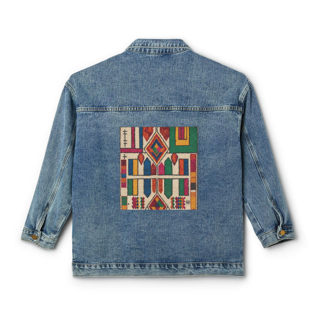 Geometric Kilim Tile Denim Jacket | Back Patch Boho Aztec Pattern