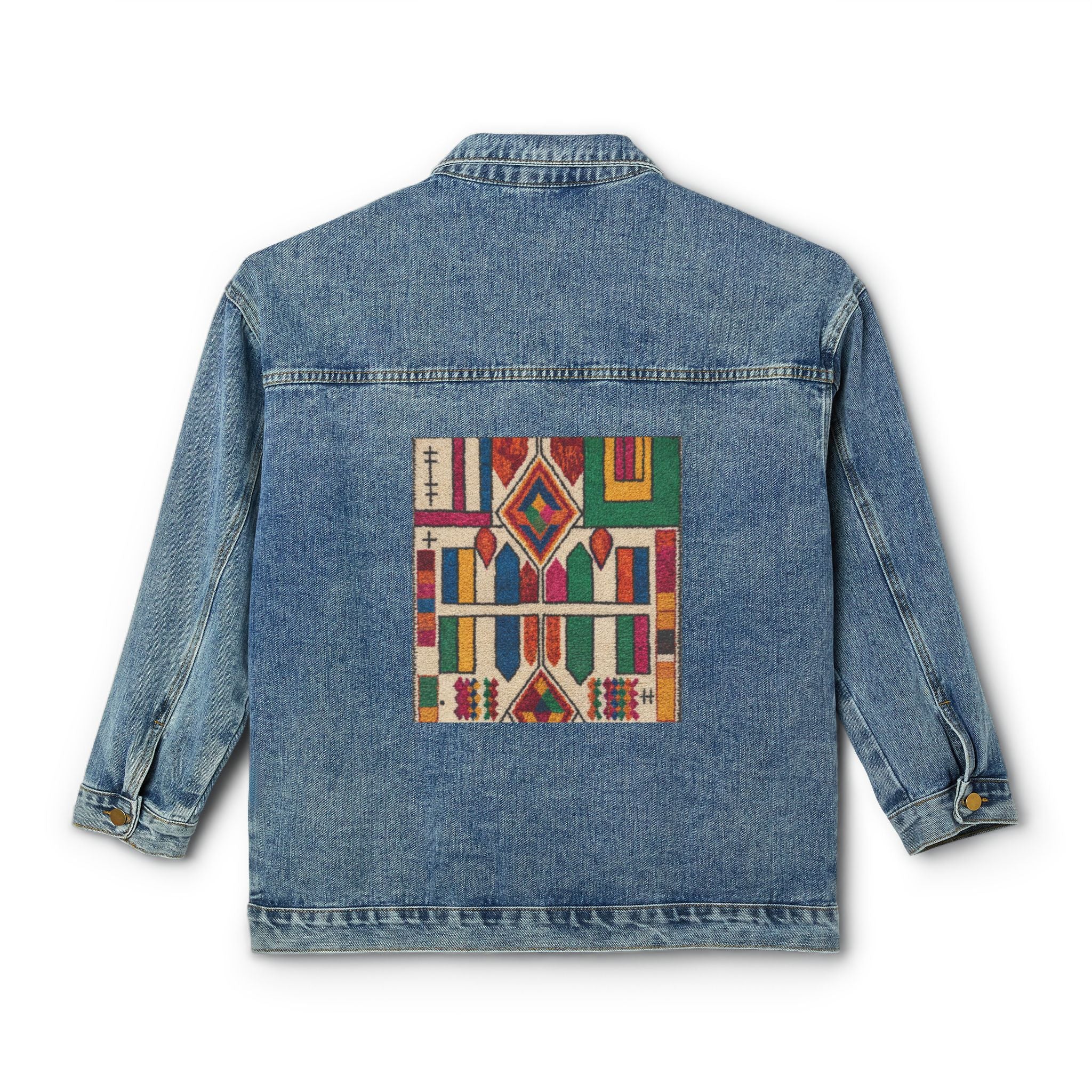 Geometric Kilim Tile Denim Jacket | Back Patch Boho Aztec Pattern