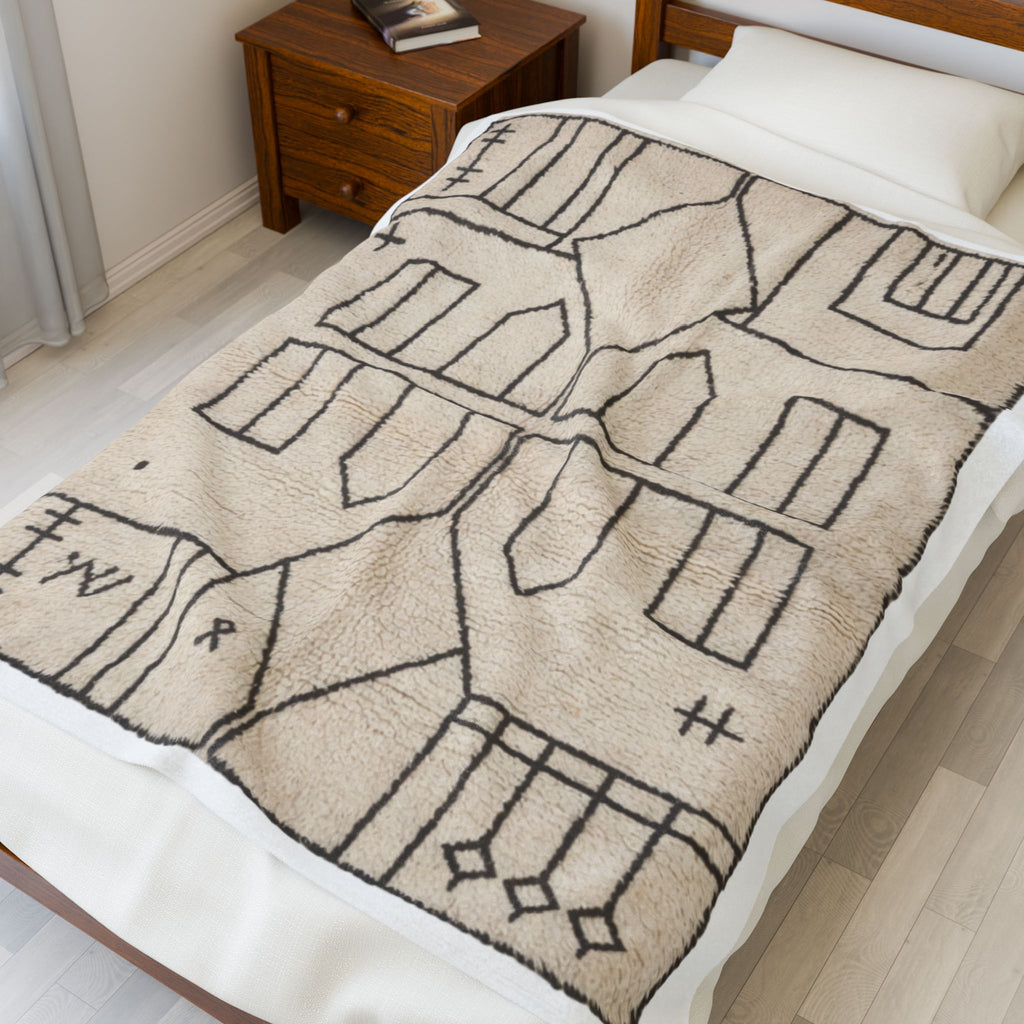 Neutral Geometric Tribal Pattern Velveteen Plush Blanket | Boho Minimalist Throw