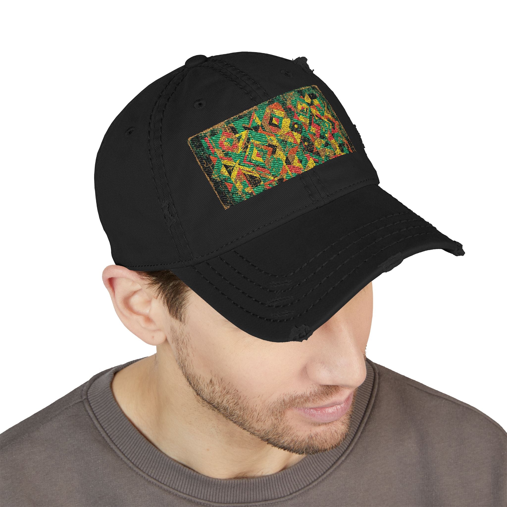Abstract Colorful Geometric Embroidery Dad Hat | Distressed Patch Cap