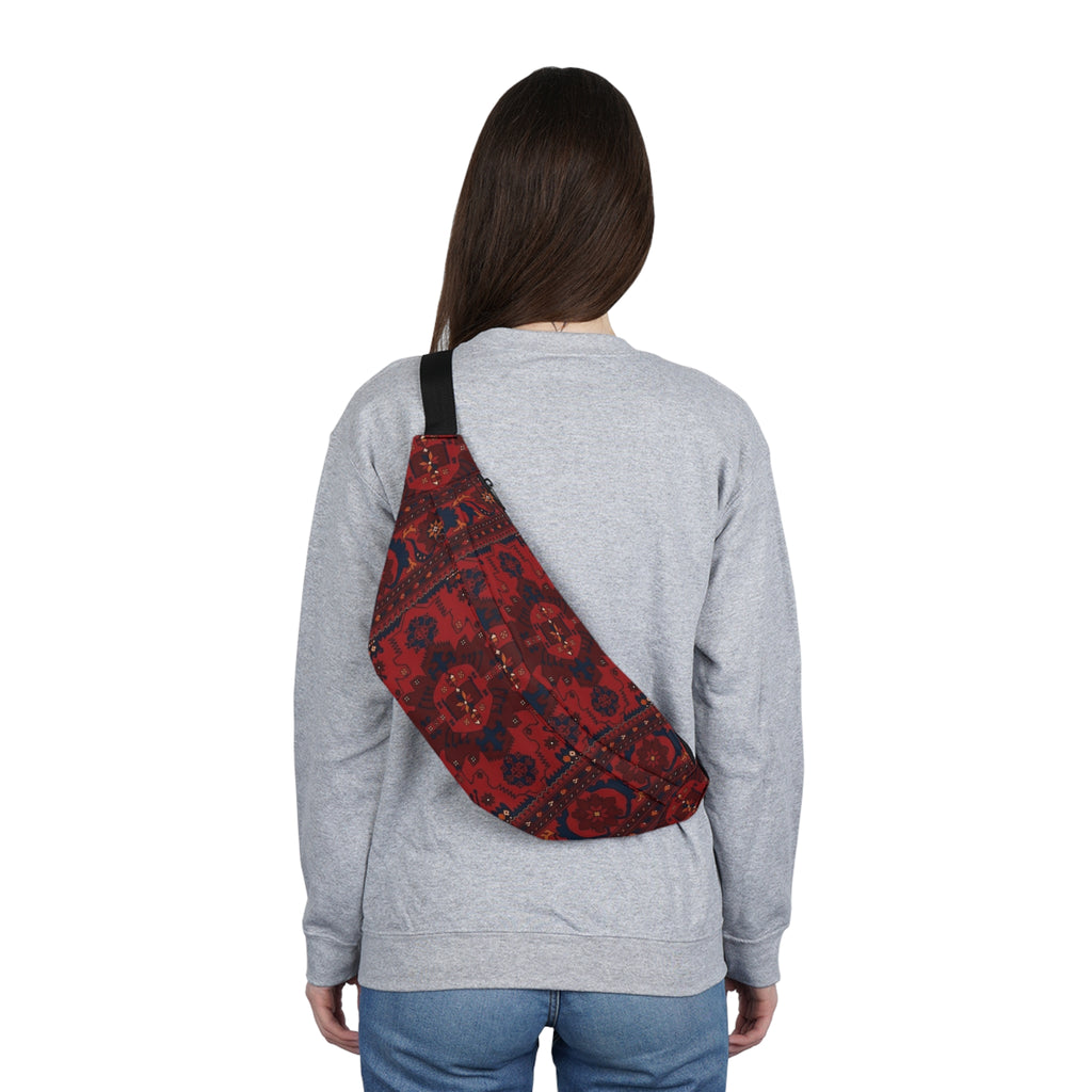 Red Persian Rug Pattern Fanny Pack | Large Waist Bag, Boho Travel Accessory