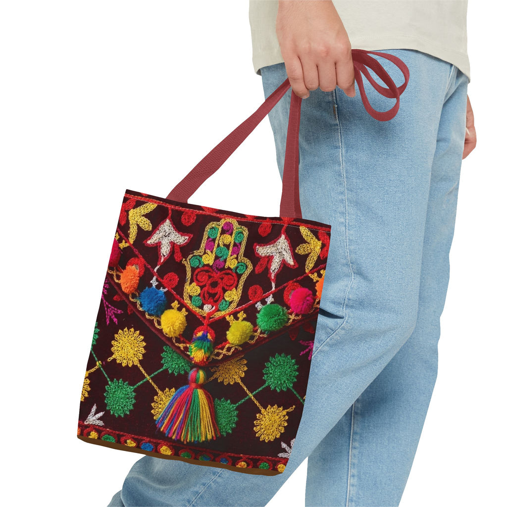Colorful Hamsa Hand Pom Pom Pattern Tote Bag | Boho Embroidered Style