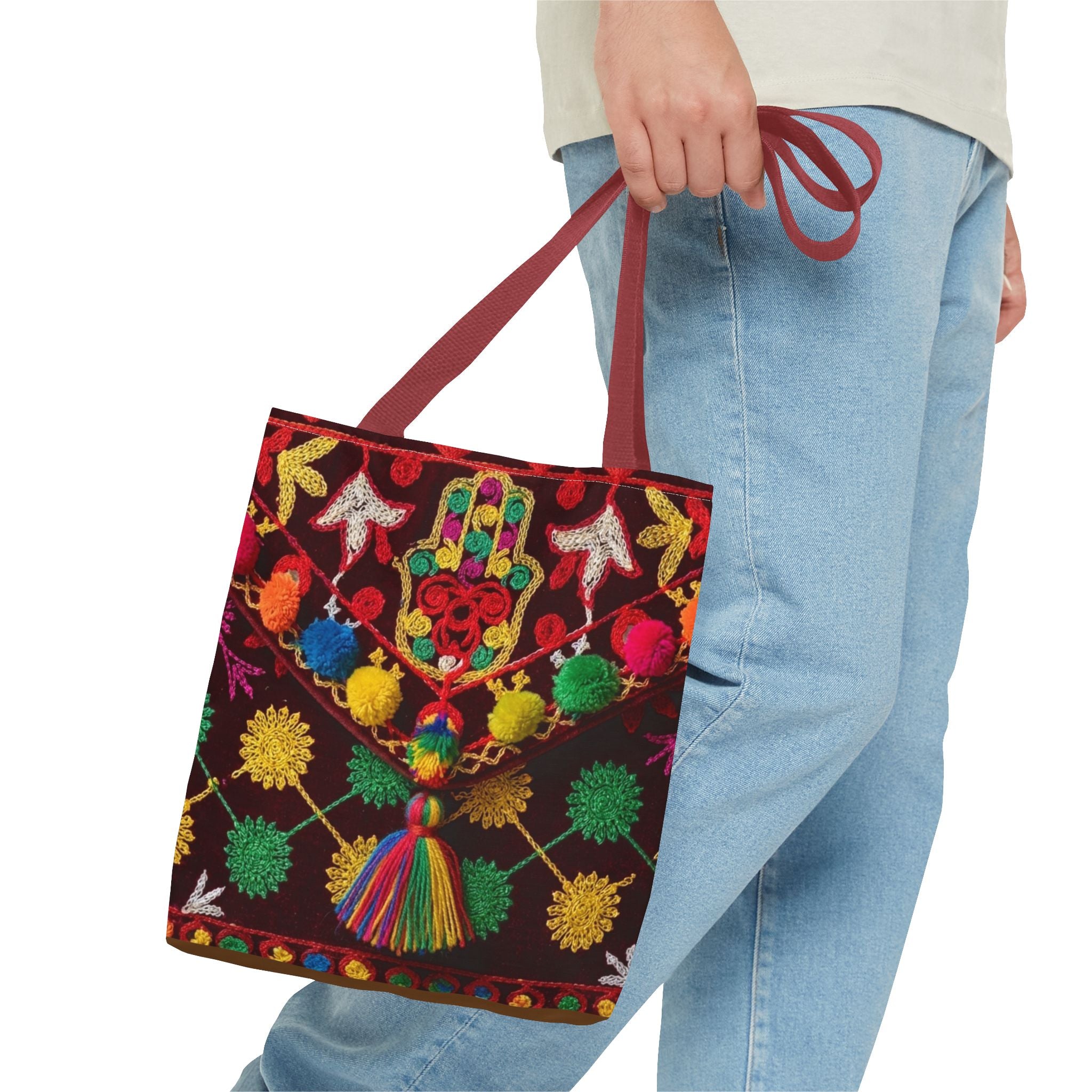 Colorful Hamsa Hand Pom Pom Pattern Tote Bag | Boho Embroidered Style
