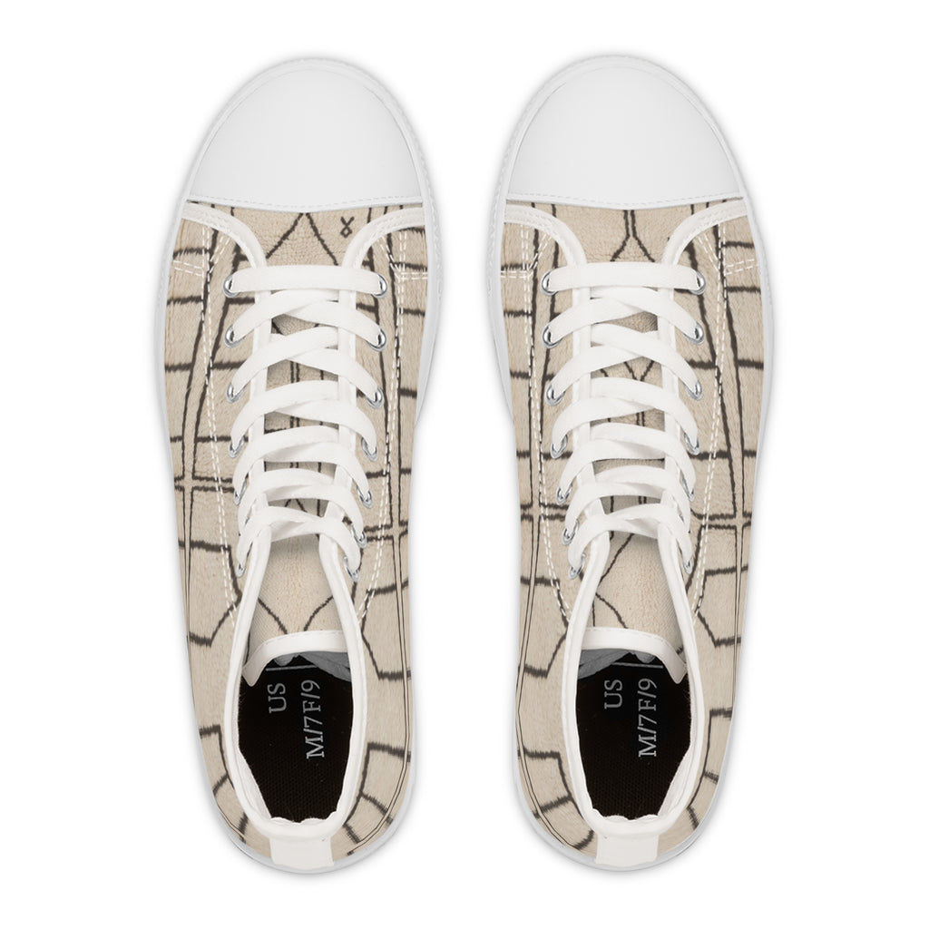 Neutral Geometric Grid Pattern High Top Sneakers | Beige Canvas Shoes