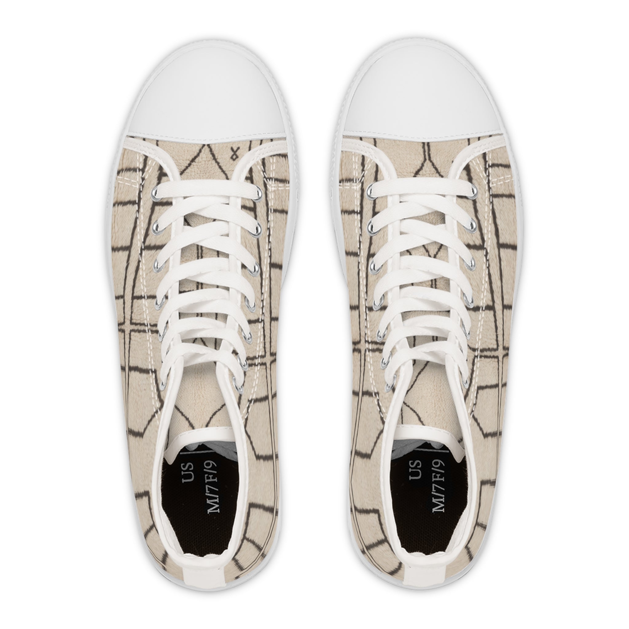 Neutral Geometric Grid Pattern High Top Sneakers | Beige Canvas Shoes