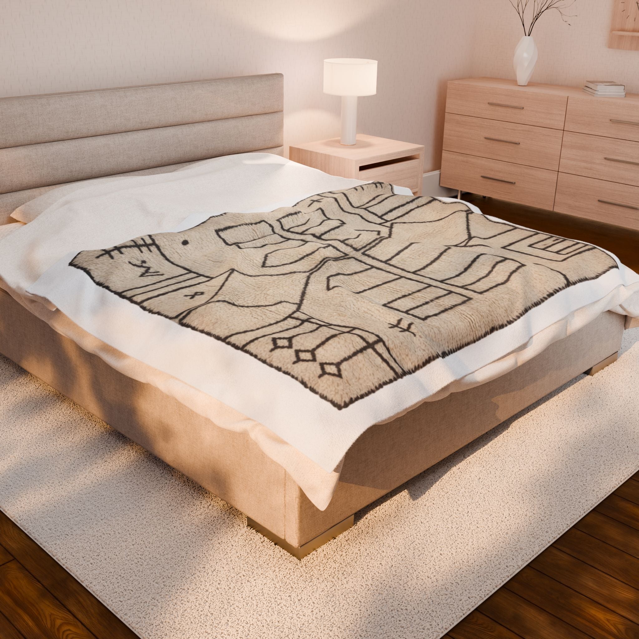 Neutral Geometric Tribal Pattern Velveteen Plush Blanket | Boho Minimalist Throw