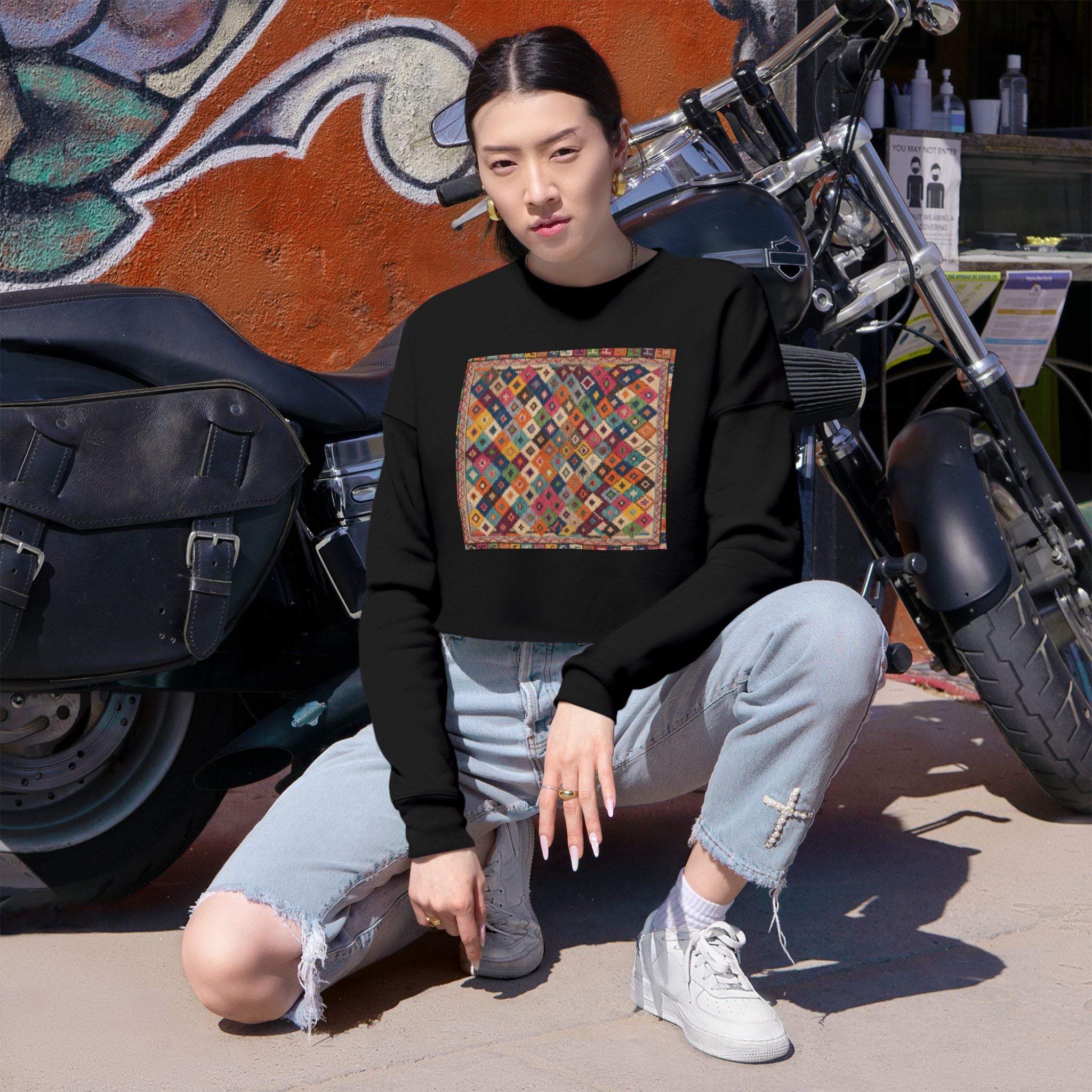 Colorful Patchwork Quilt Cropped Sweatshirt | Boho Geometric Pattern