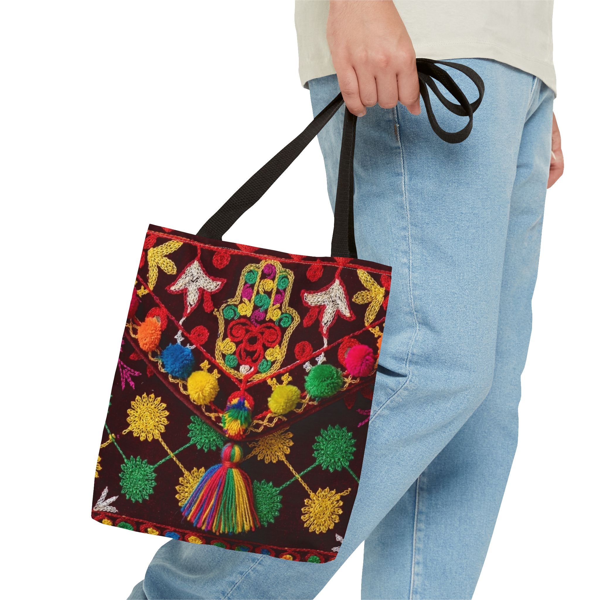 Marrakech Colors Tote Bag | Colorful Pom Pom Boho Print