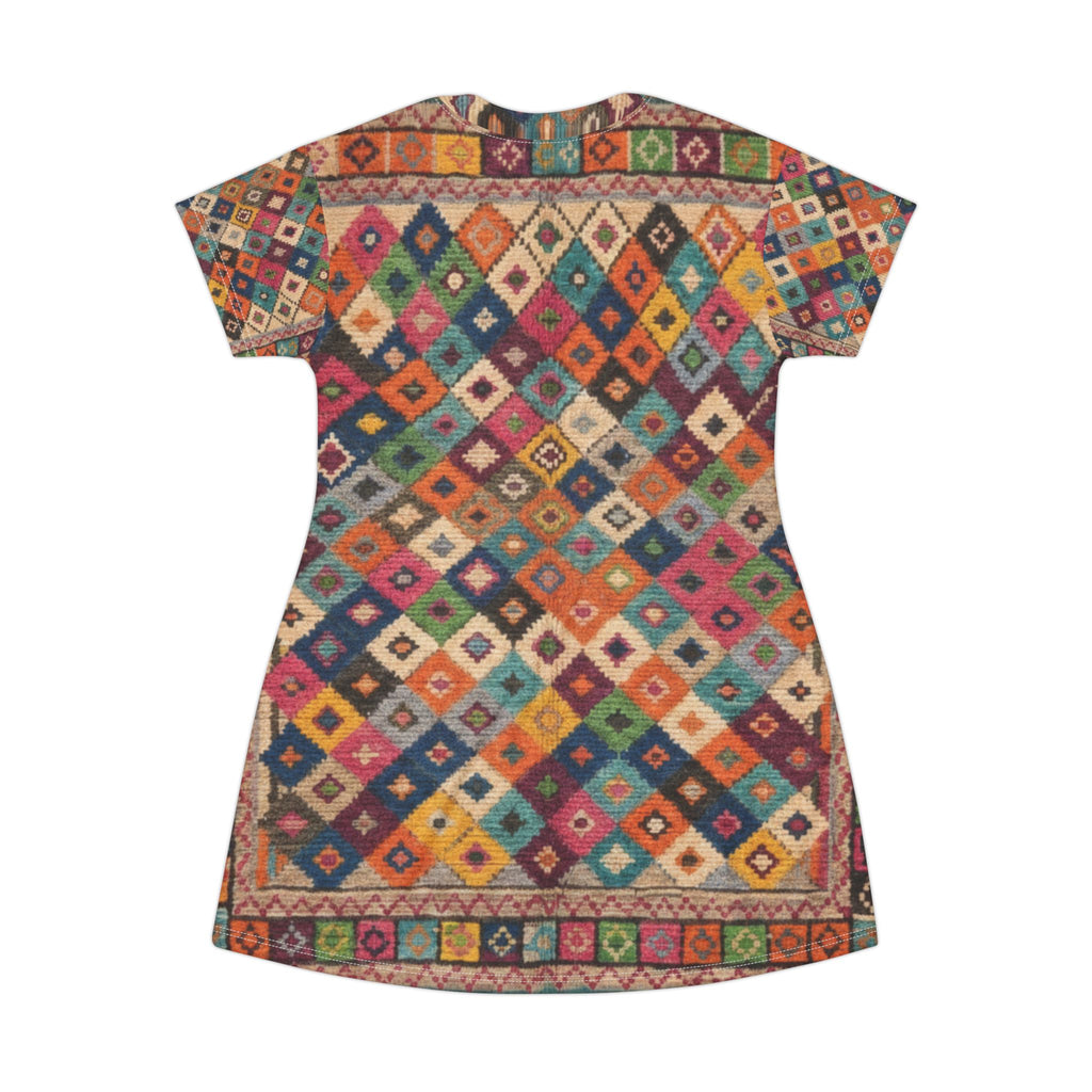 Colorful Kilim Diamond Pattern T-Shirt Dress | Boho Tribal All-Over Print