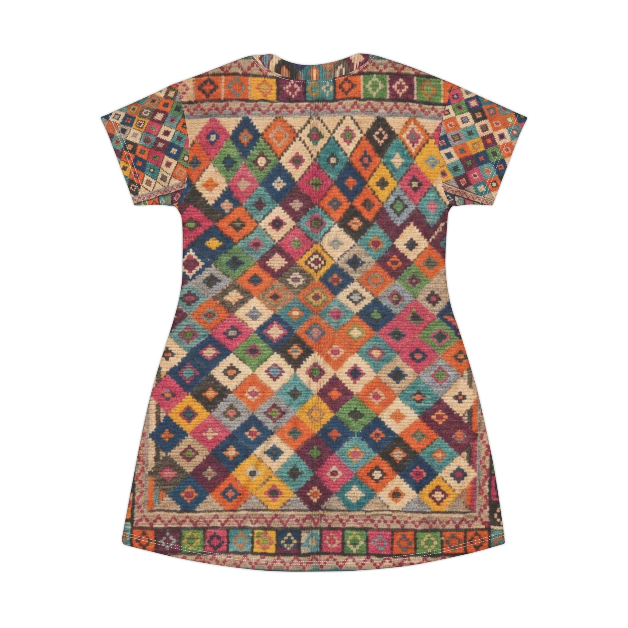 Colorful Kilim Diamond Pattern T-Shirt Dress | Boho Tribal All-Over Print