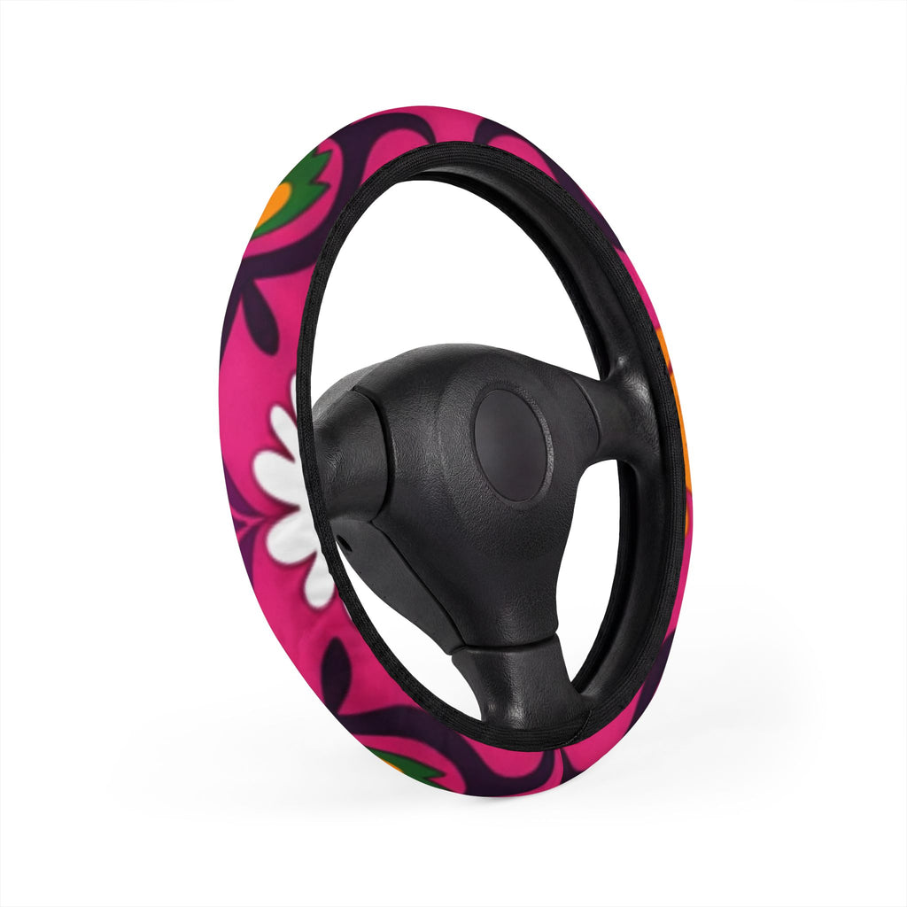 Pink Floral Pattern Car Steering Wheel Cover | Daisy Boho Print