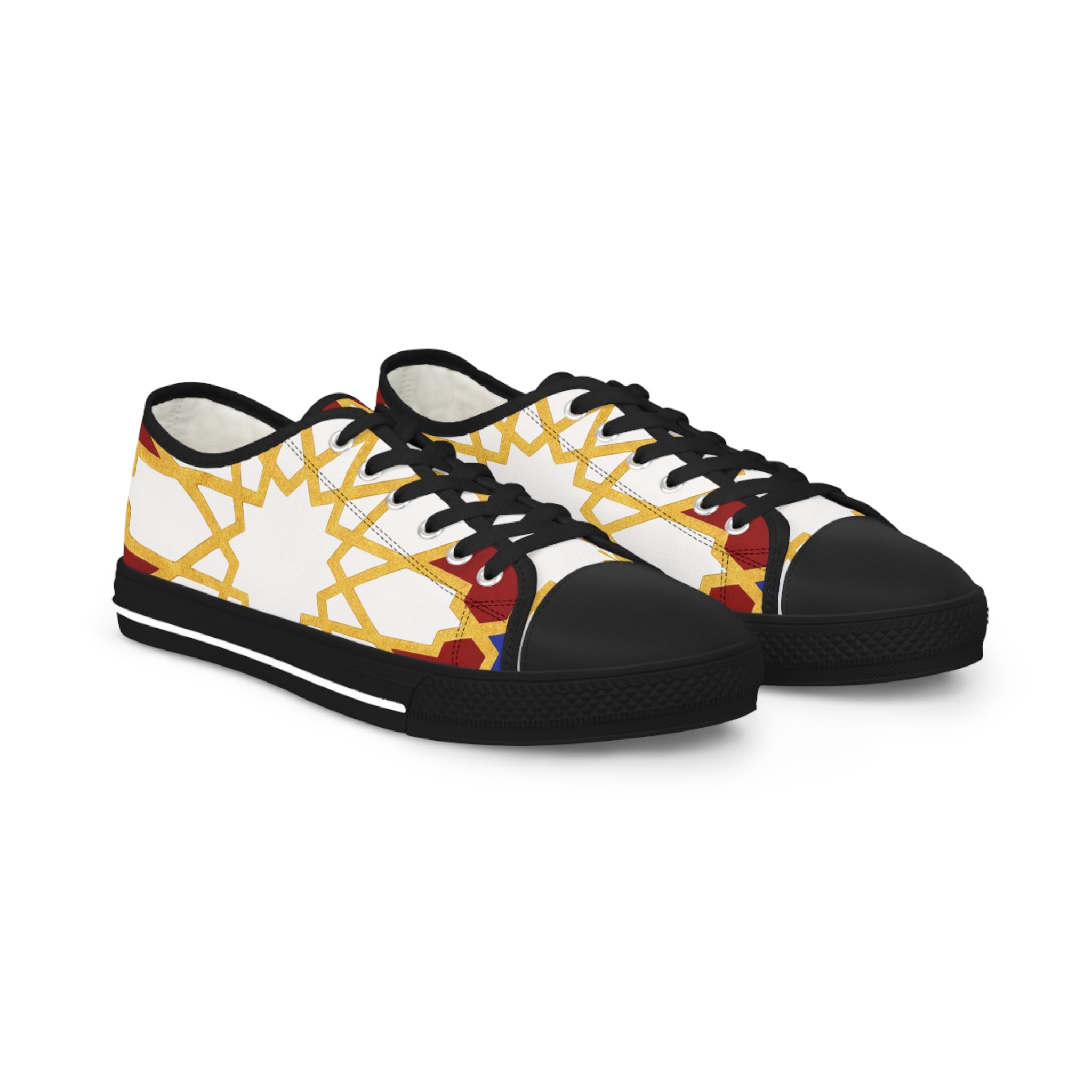 Geometric Starburst Pattern Men's Low Top Sneakers | Gold Red Blue