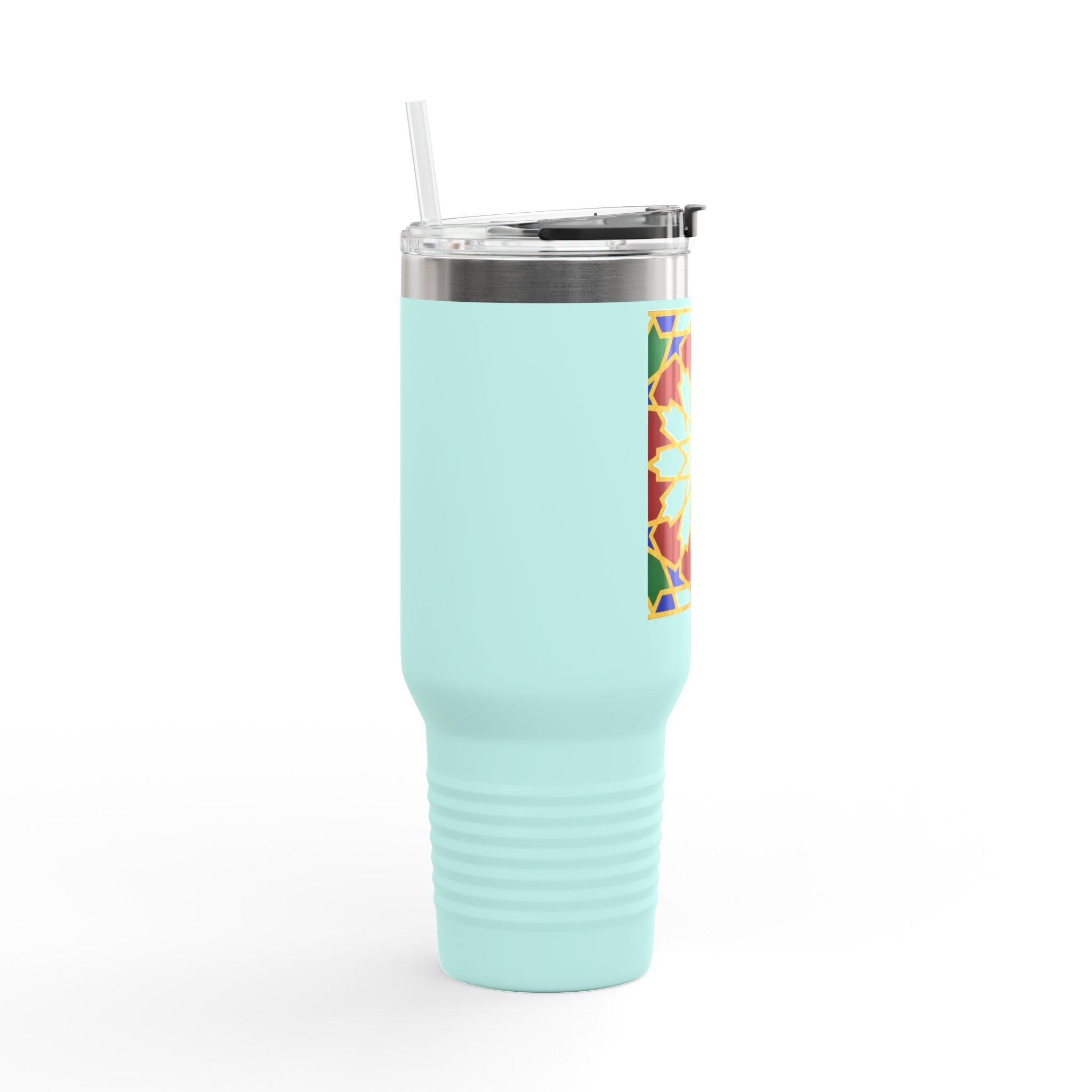 Moroccan Tile Floral Pattern Insulated Travel Mug 40oz | Boho Geometric Drink Tumbler