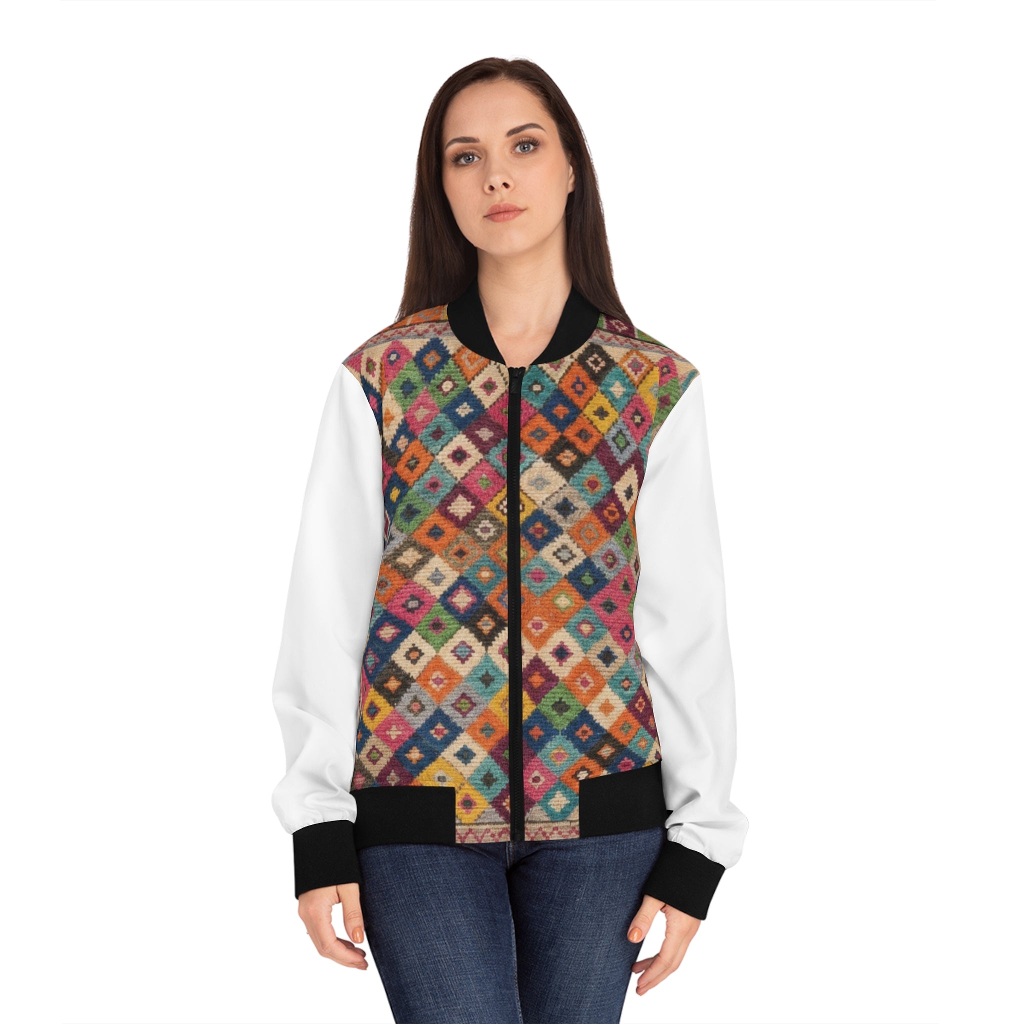 Colorful Kilim Diamond Pattern Bomber Jacket | Moroccan Berber Print