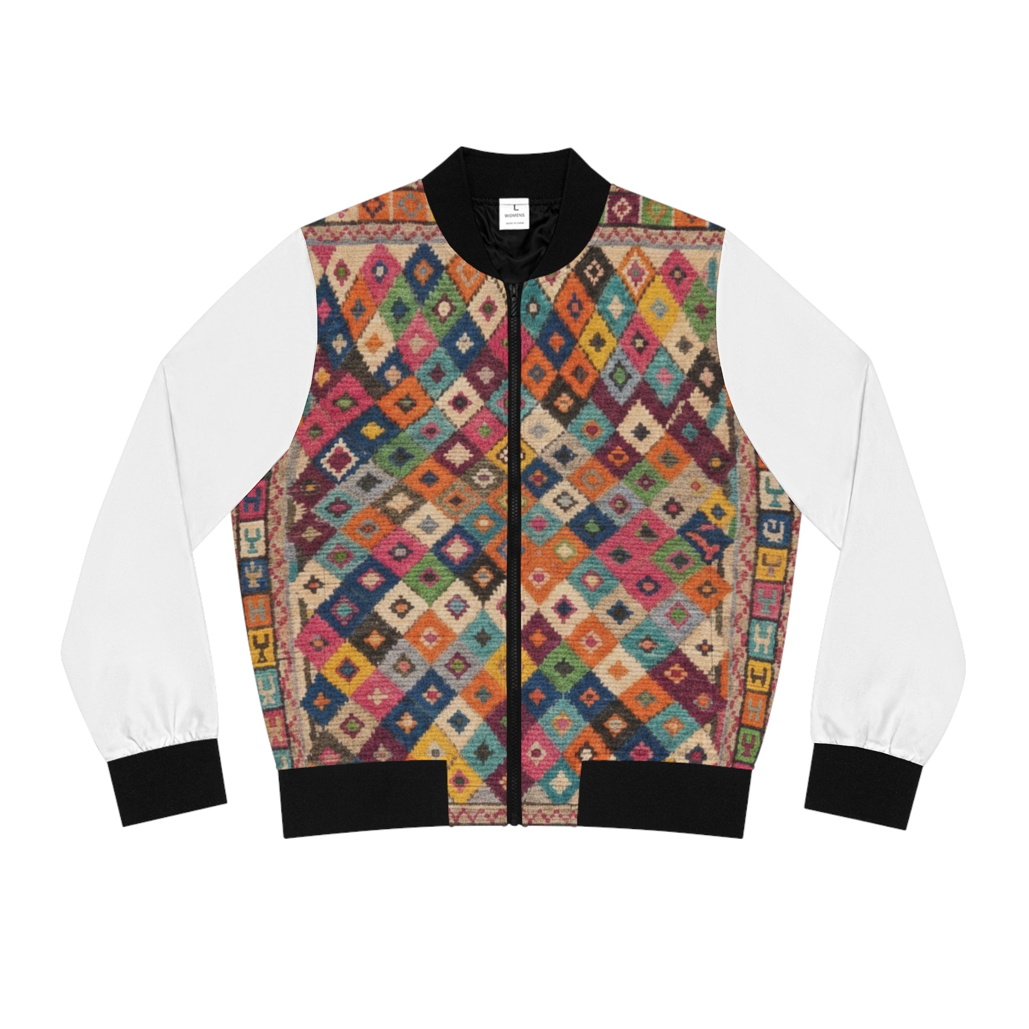 Colorful Kilim Diamond Pattern Bomber Jacket | Moroccan Berber Print