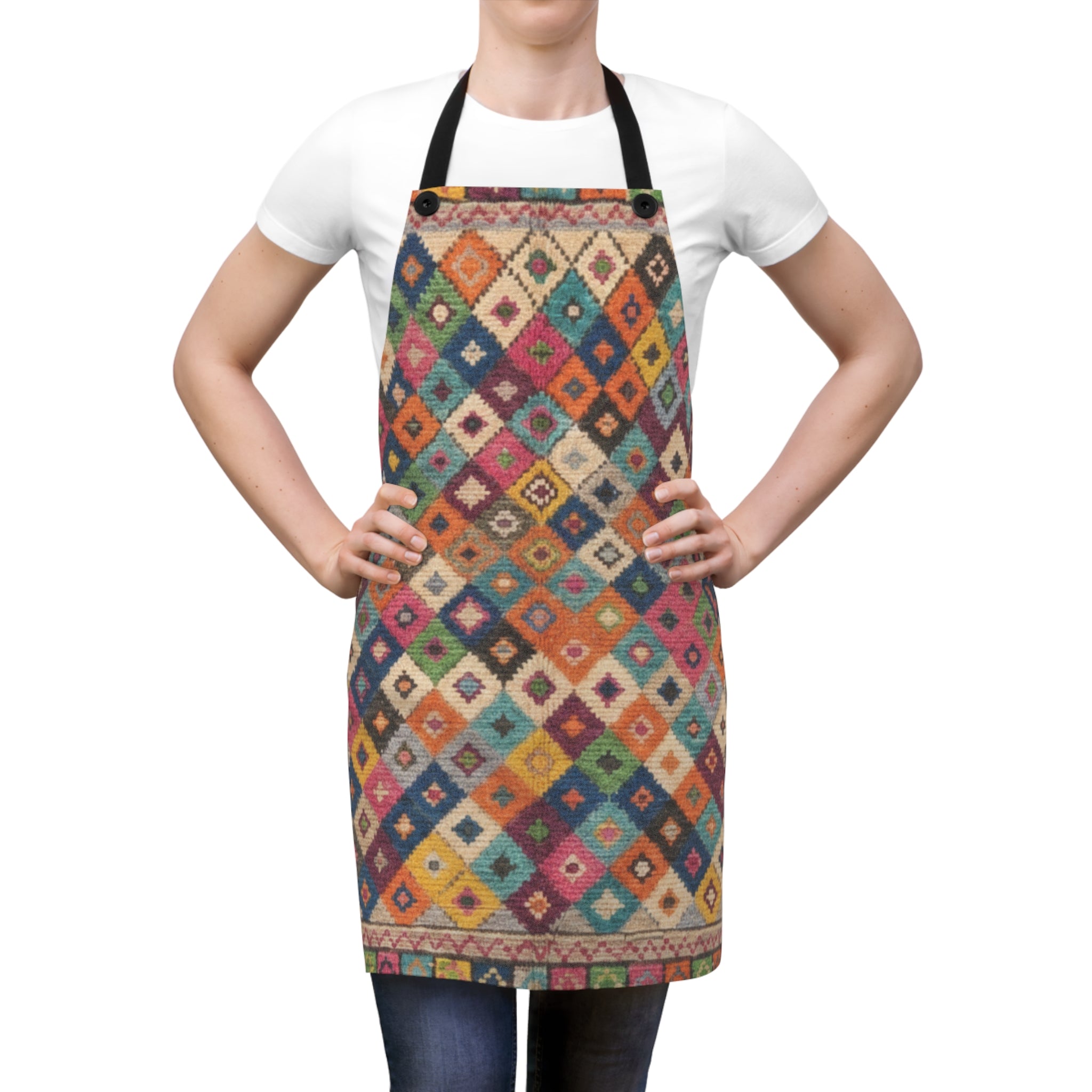 Colorful Kilim Diamond Pattern Apron | Boho Geometric Kitchen Apron