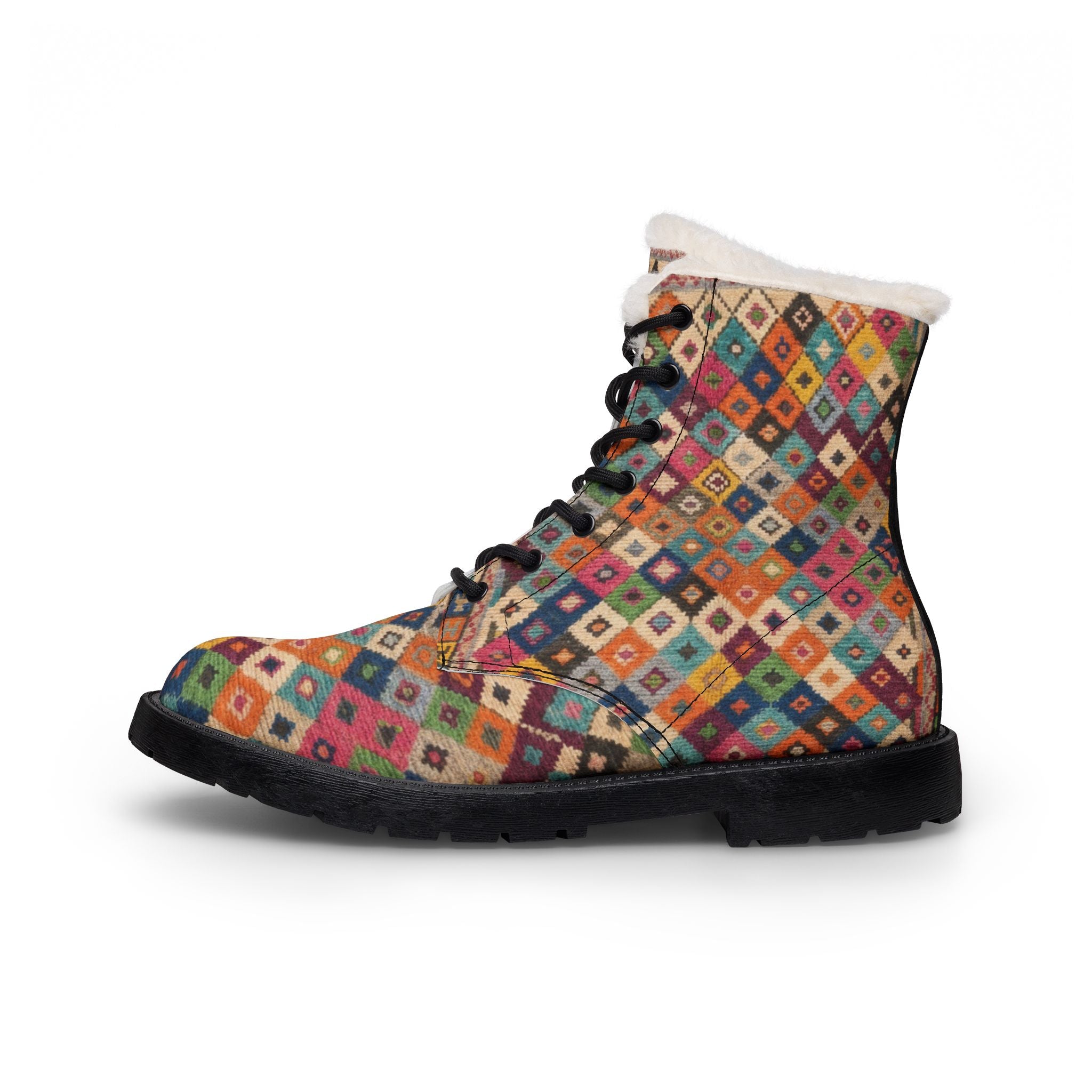 Colorful Diamond Patchwork Boots | Fur Lined Leather Boots