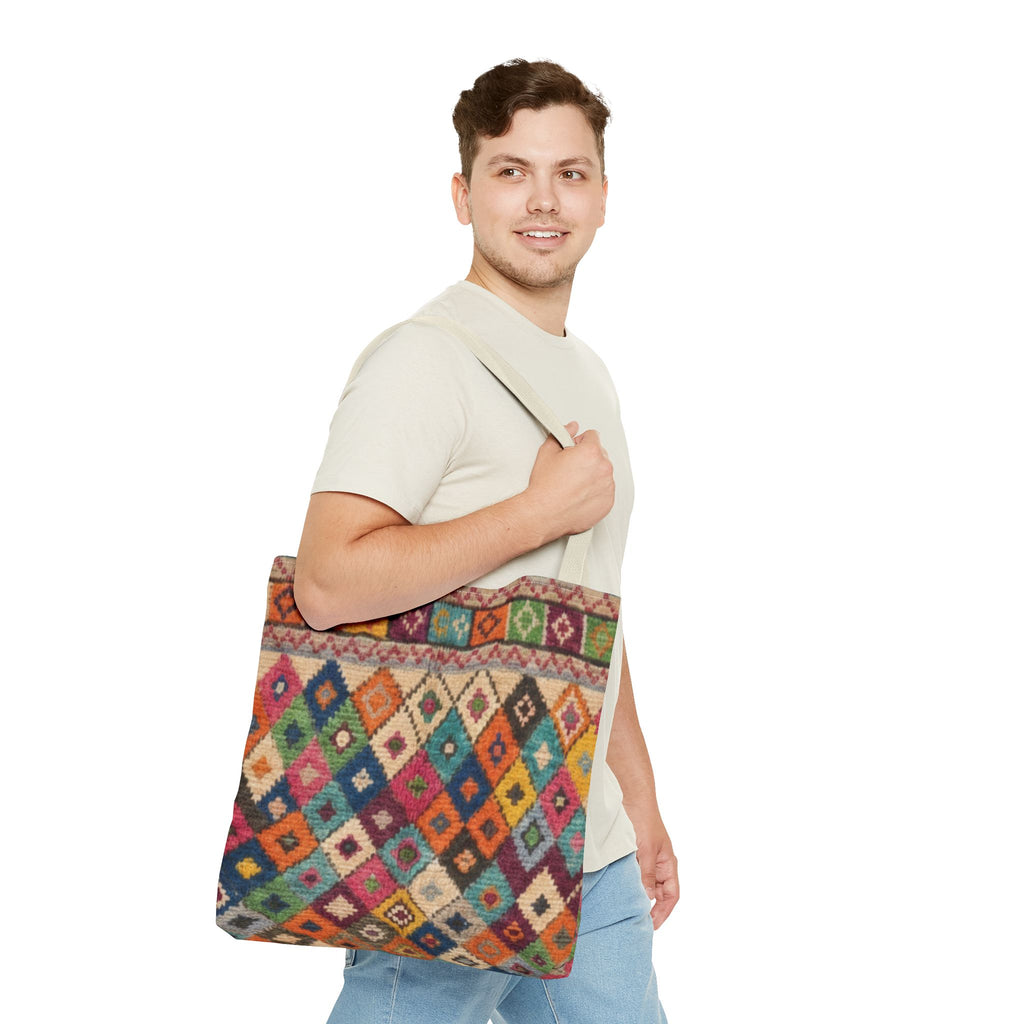 Colorful Kilim Diamond Pattern Tote Bag | Boho Tribal Aztec Shopper