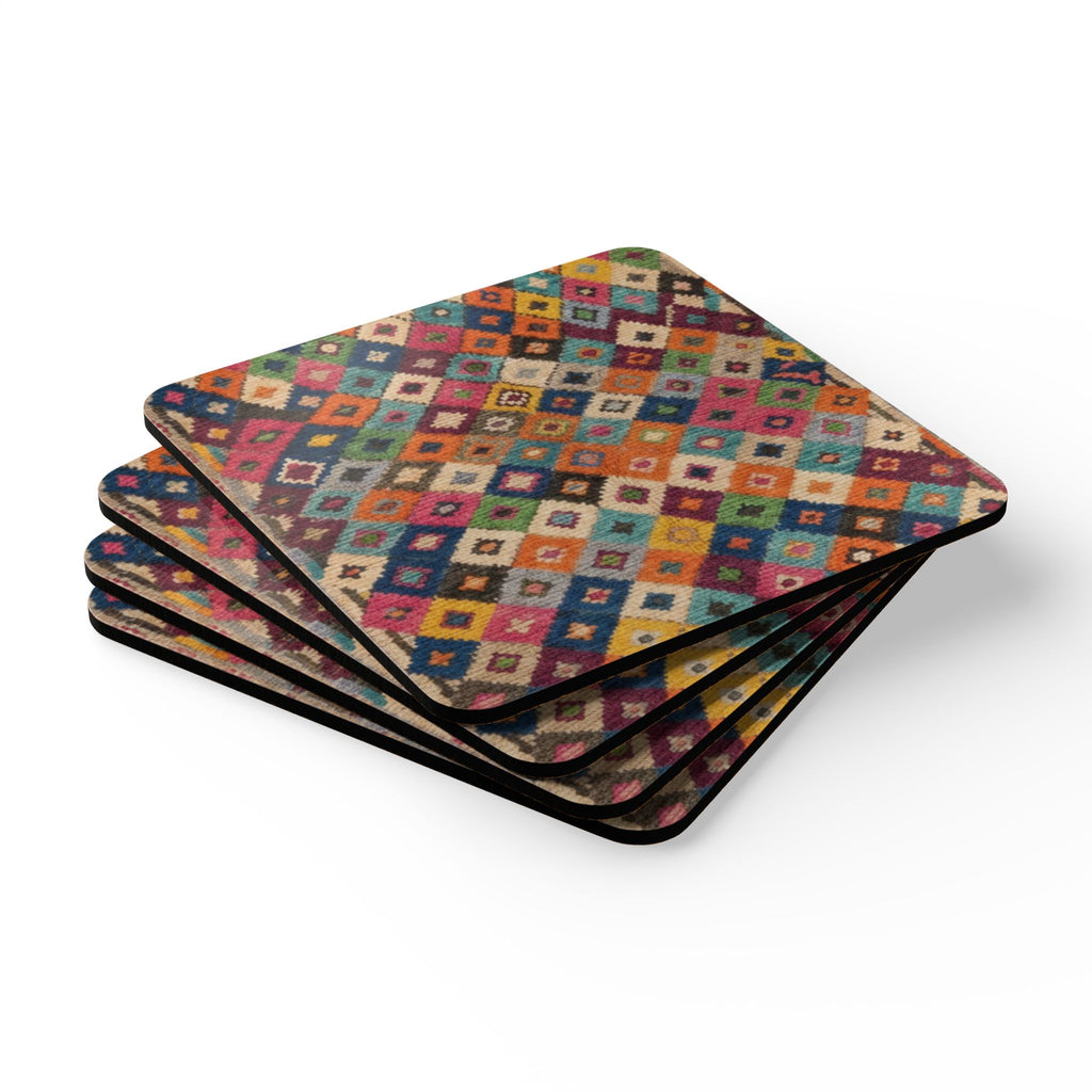 Boho Diamond Pattern Corkwood Coaster Set | Colorful Kilim Tile Coasters