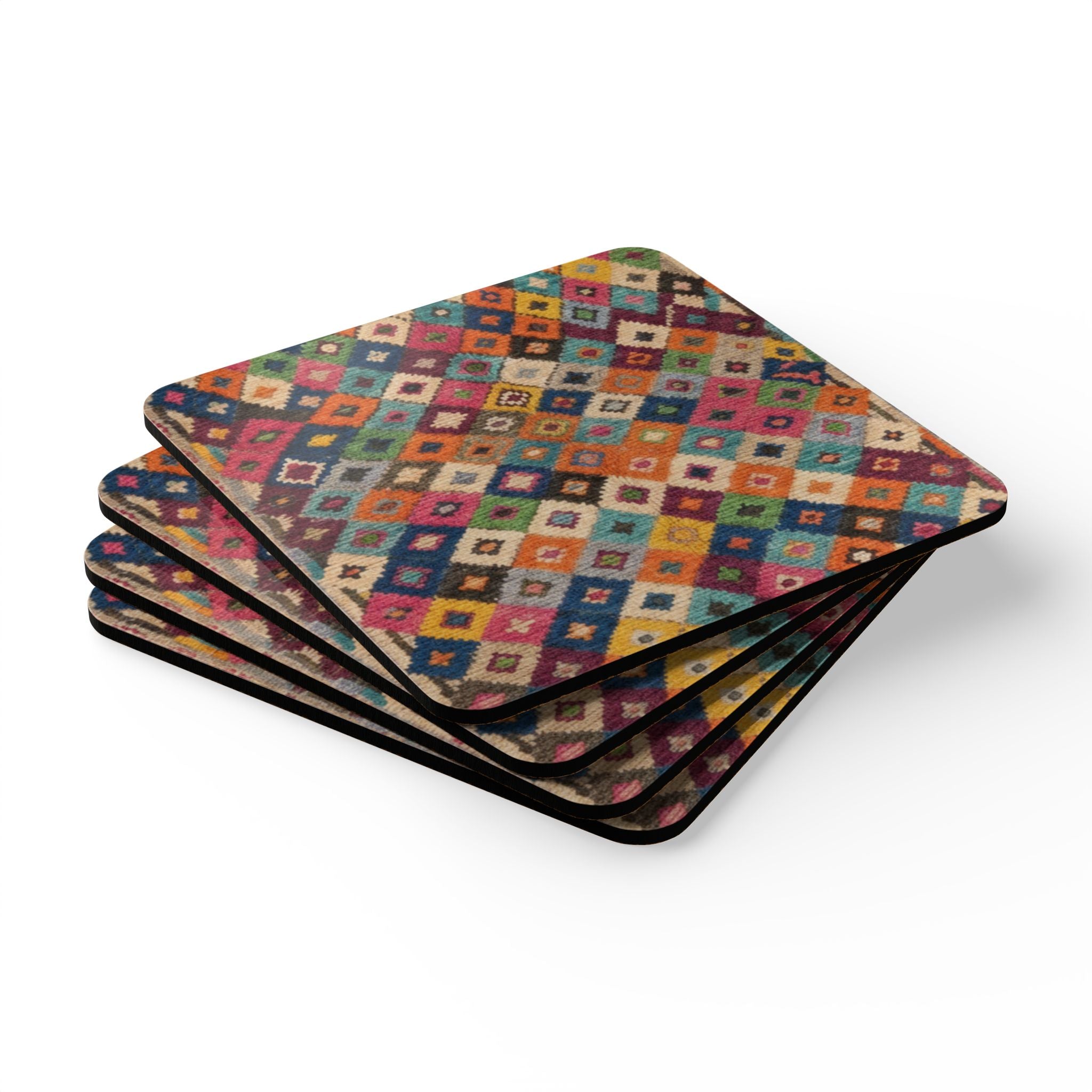 Boho Diamond Pattern Corkwood Coaster Set | Colorful Kilim Tile Coasters